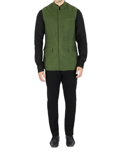 Green pin tucked nehru jacket by Josh Goraya | The Secret Label