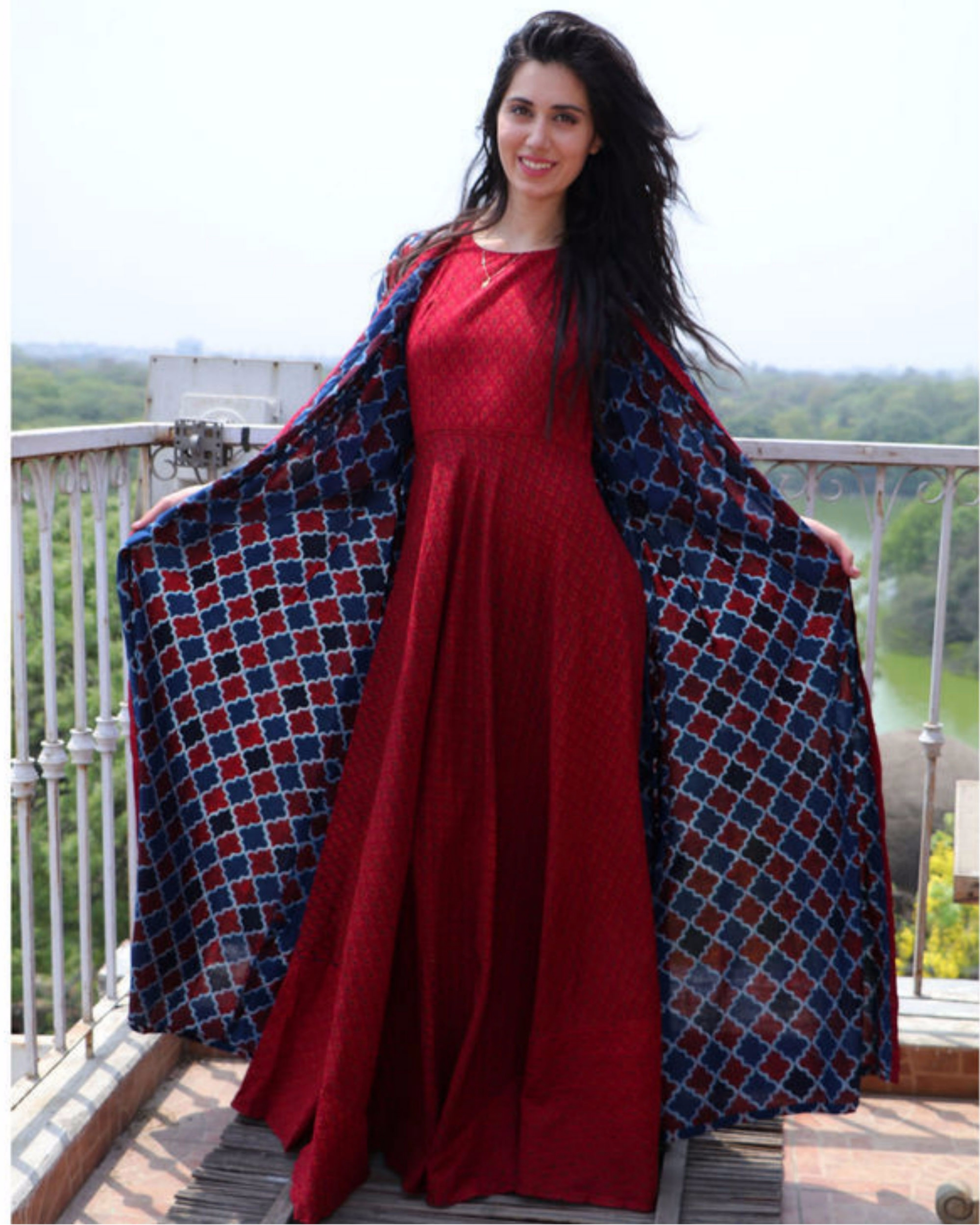 Wine red maxi with block jacket by Desi ...