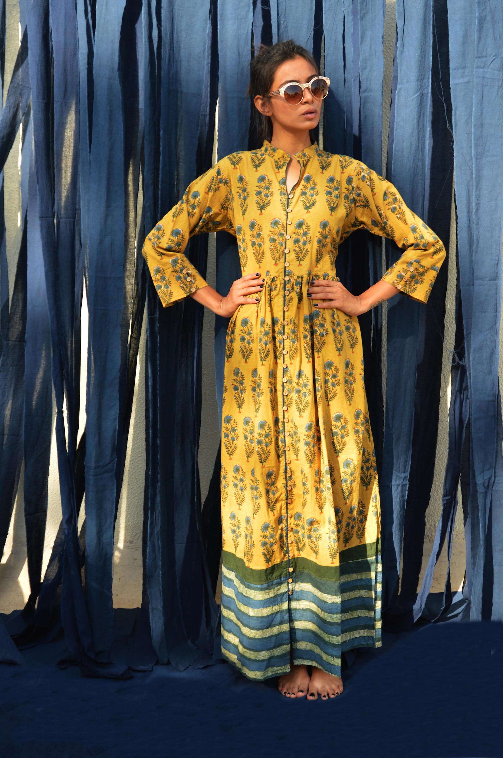 Mustard sapphire green floral printed tunic by Silai | The Secret Label