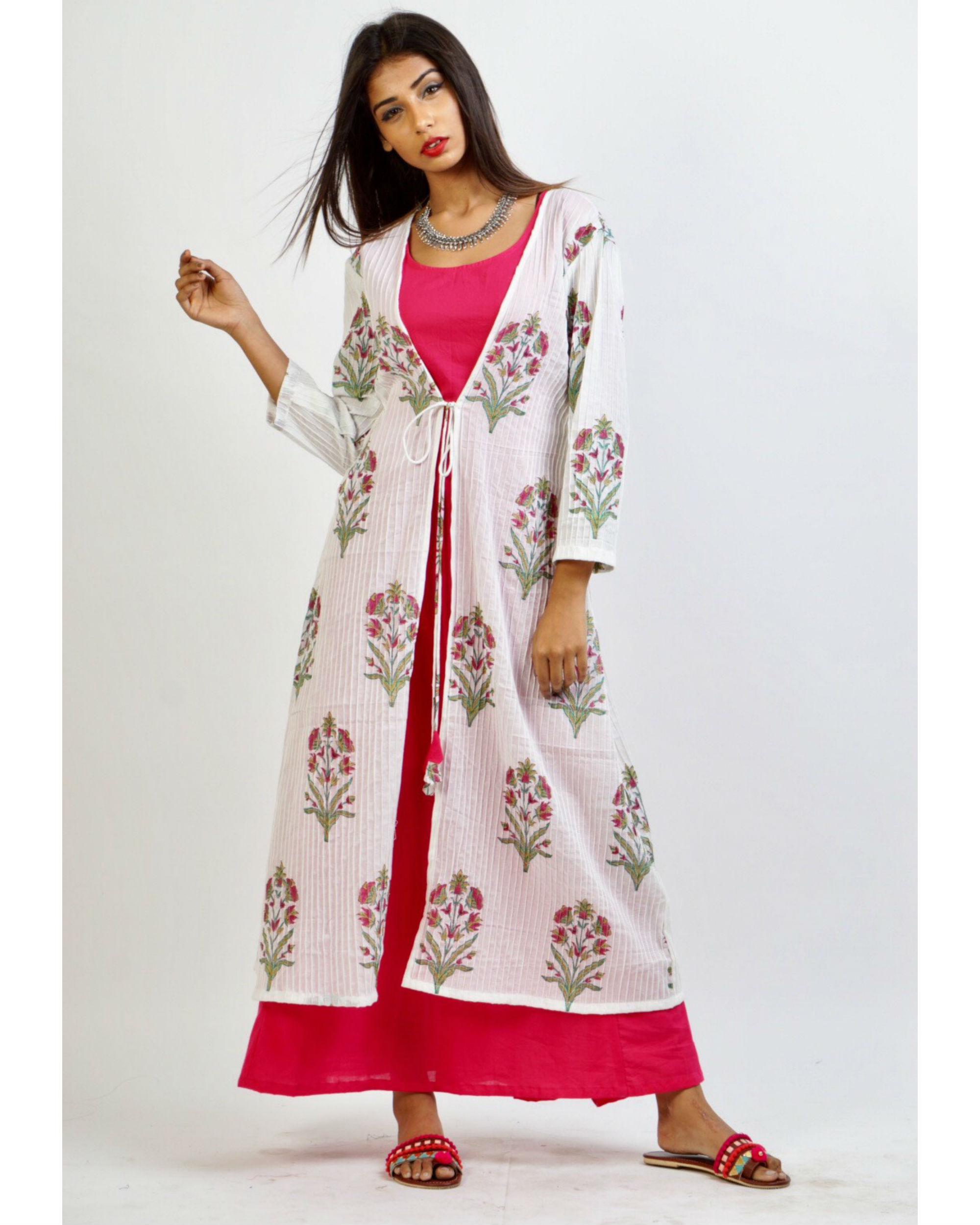 Pink maxi with floral print jacket by Rivaaj | The Secret Label
