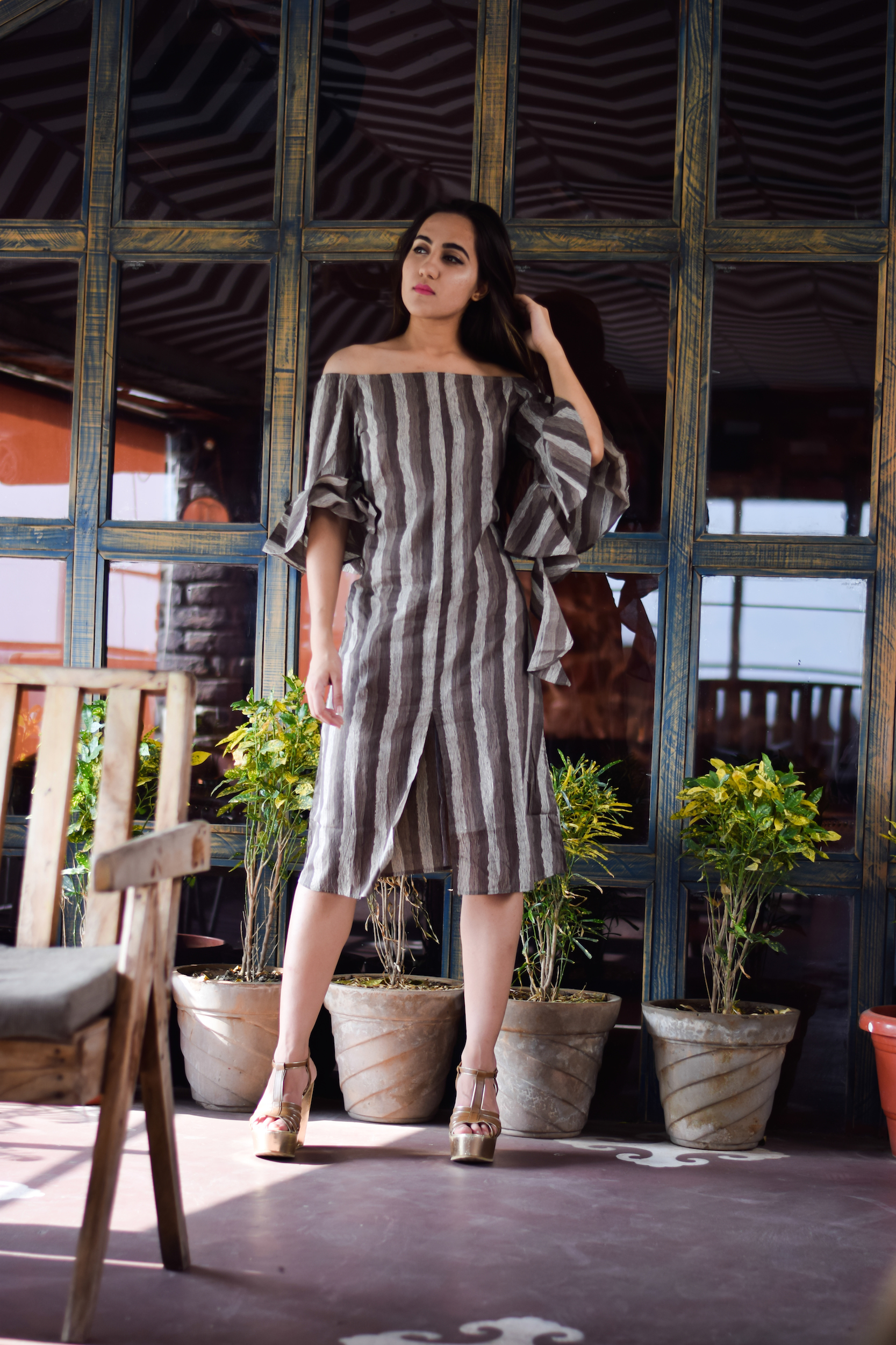Grey vertical striped front slit dress by Keva | The Secret Label