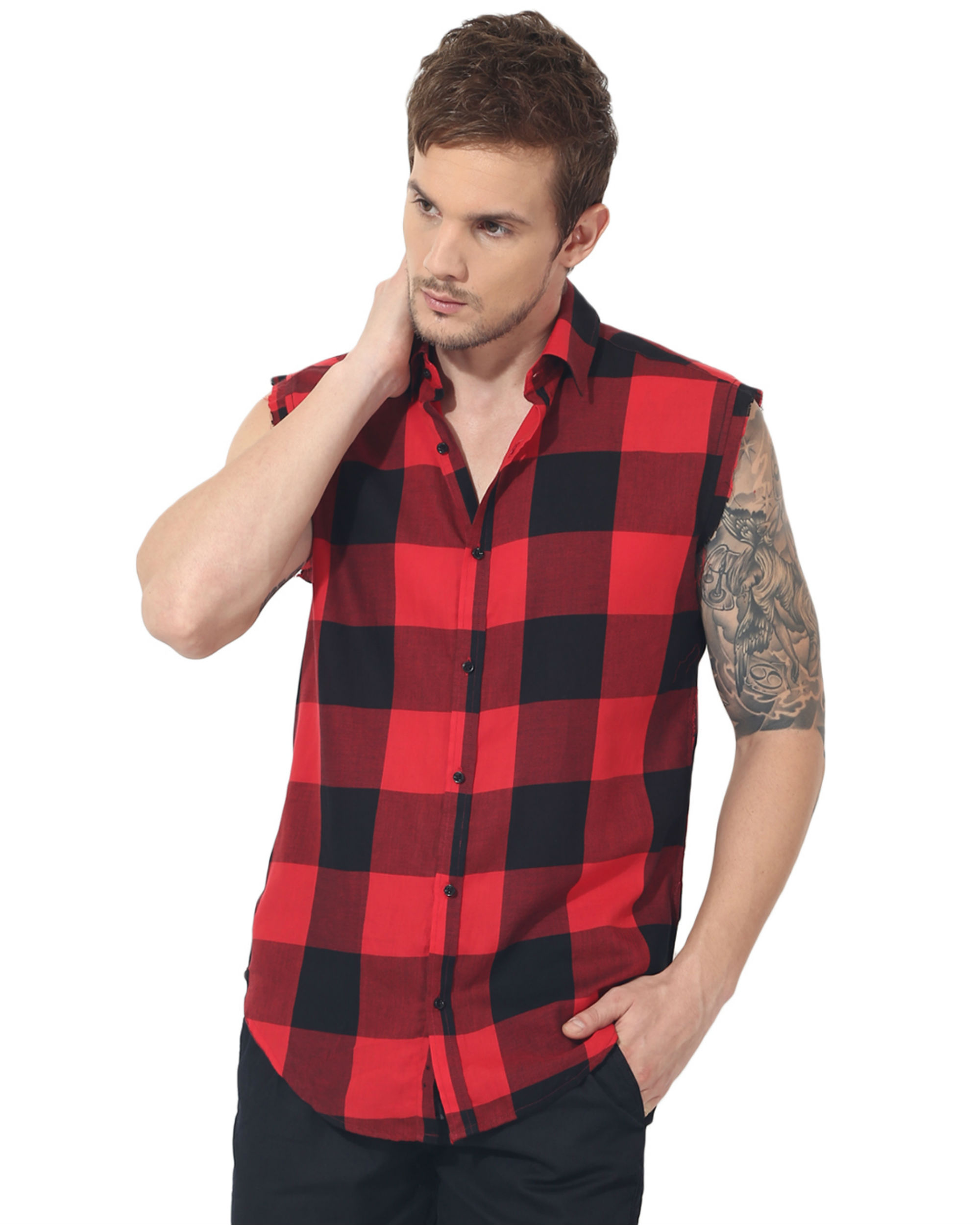 Black & red checks sleeveless casual shirt by Green Hill | The Secret Label