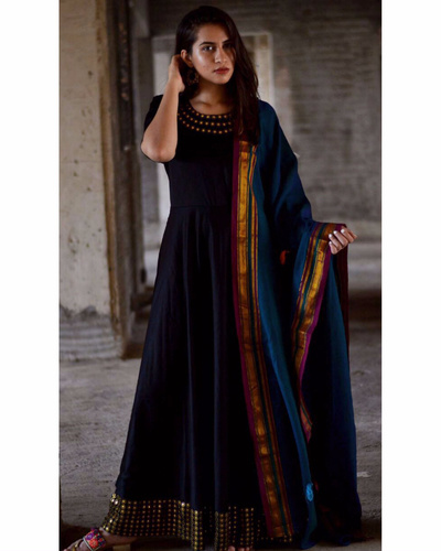 Muslin Silk Black Dress Material With Printed Dupatta