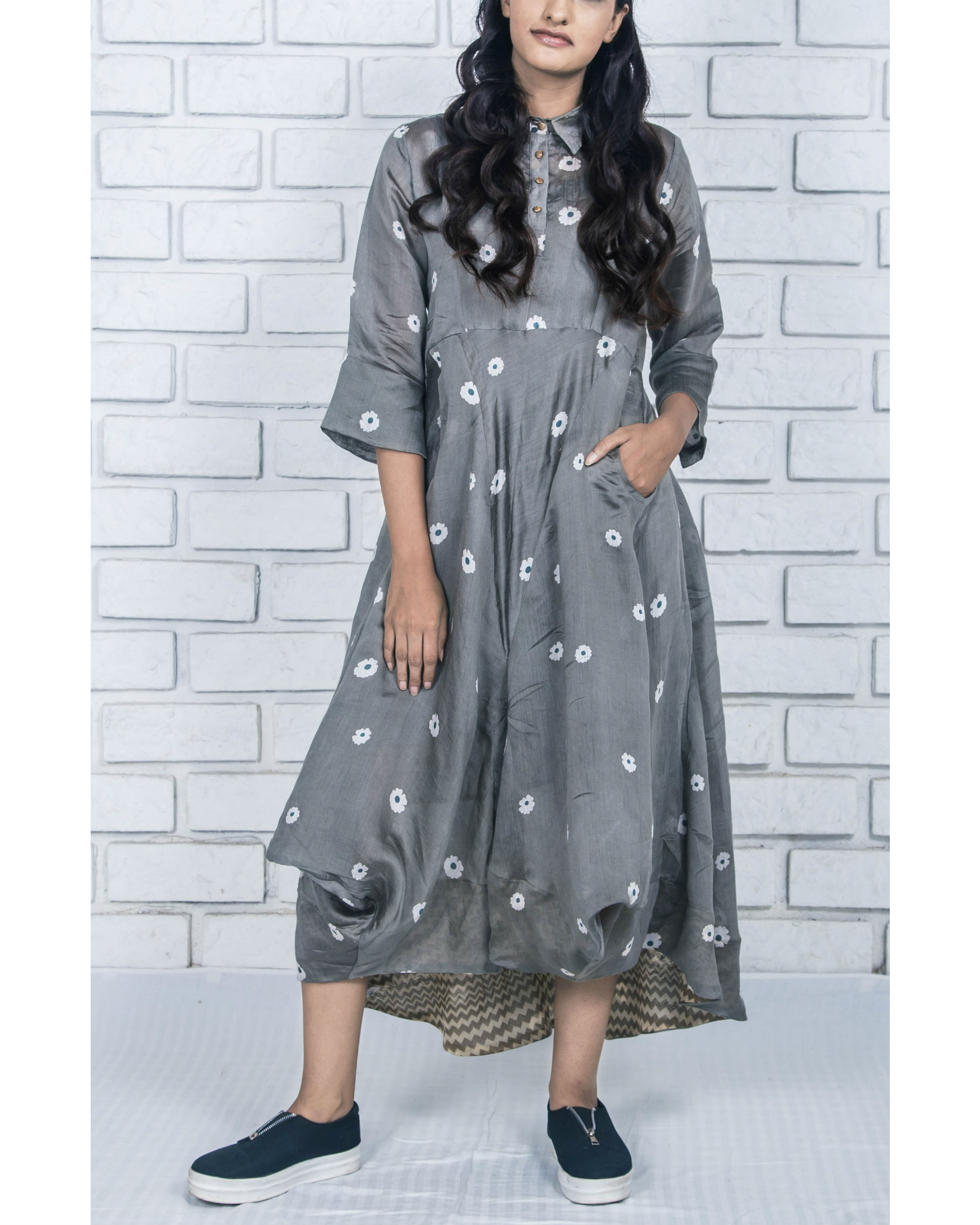 Charcoal grey silk cotton flowy dress by Aishwarya Creations | The ...