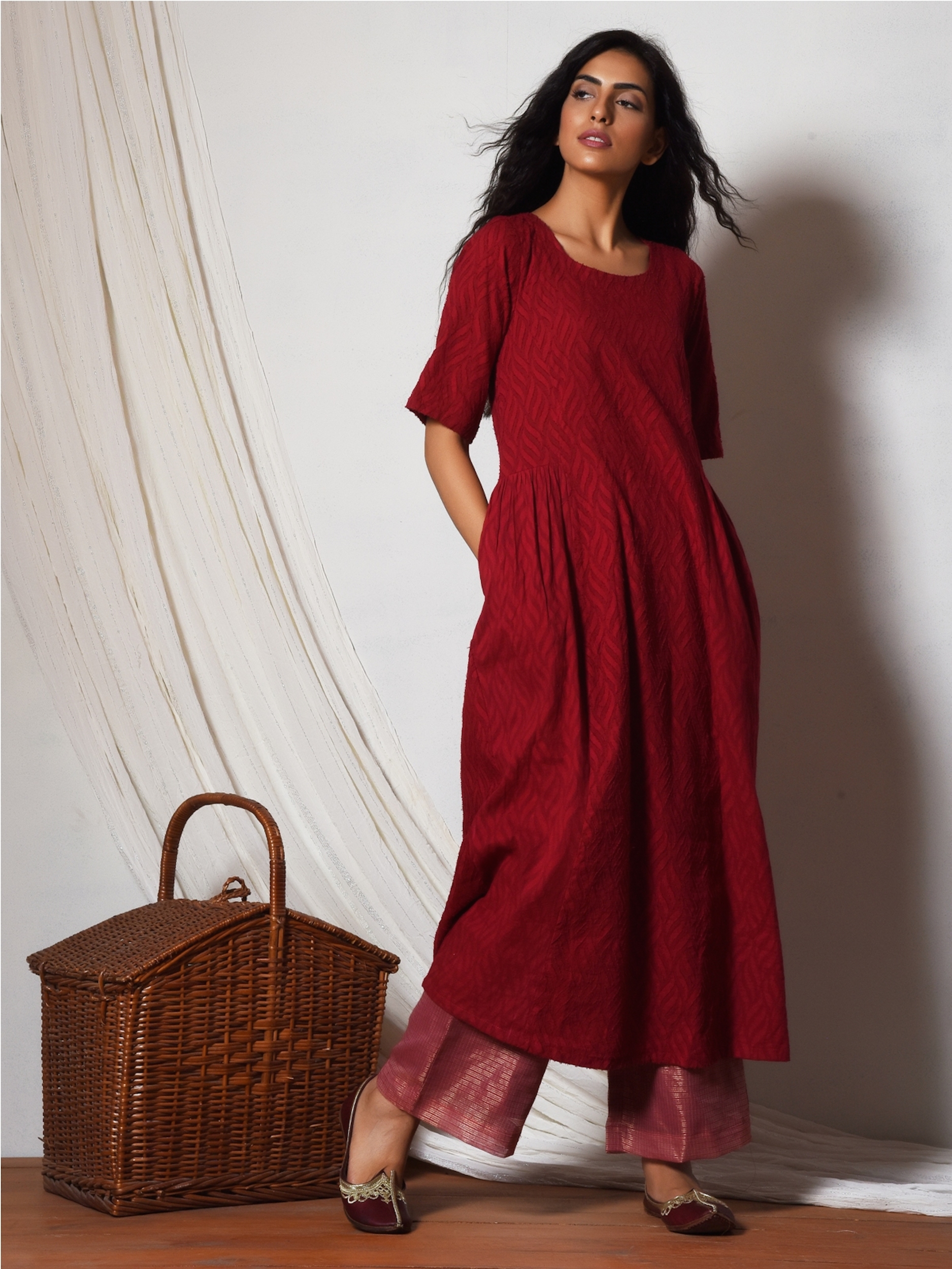 Red kurta with kota silk farshi pant by trueBrowns | The Secret Label