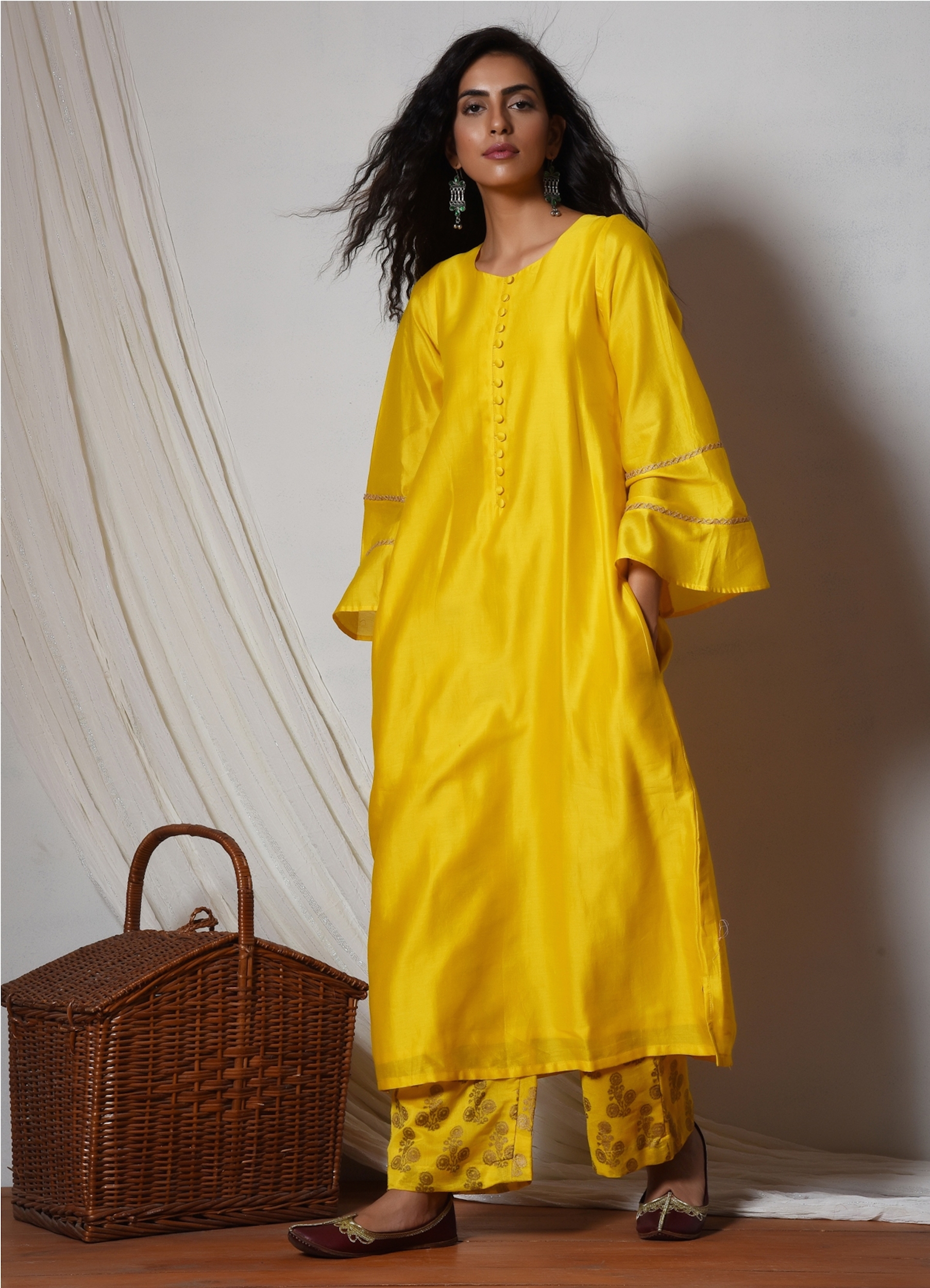 Yellow bell sleeve kurta with gold booti farshi pant by trueBrowns ...