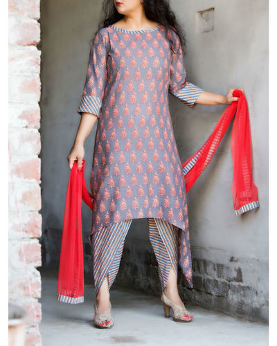 Grey fusion salwaar dhoti set by The Home Affair | The Secret Label