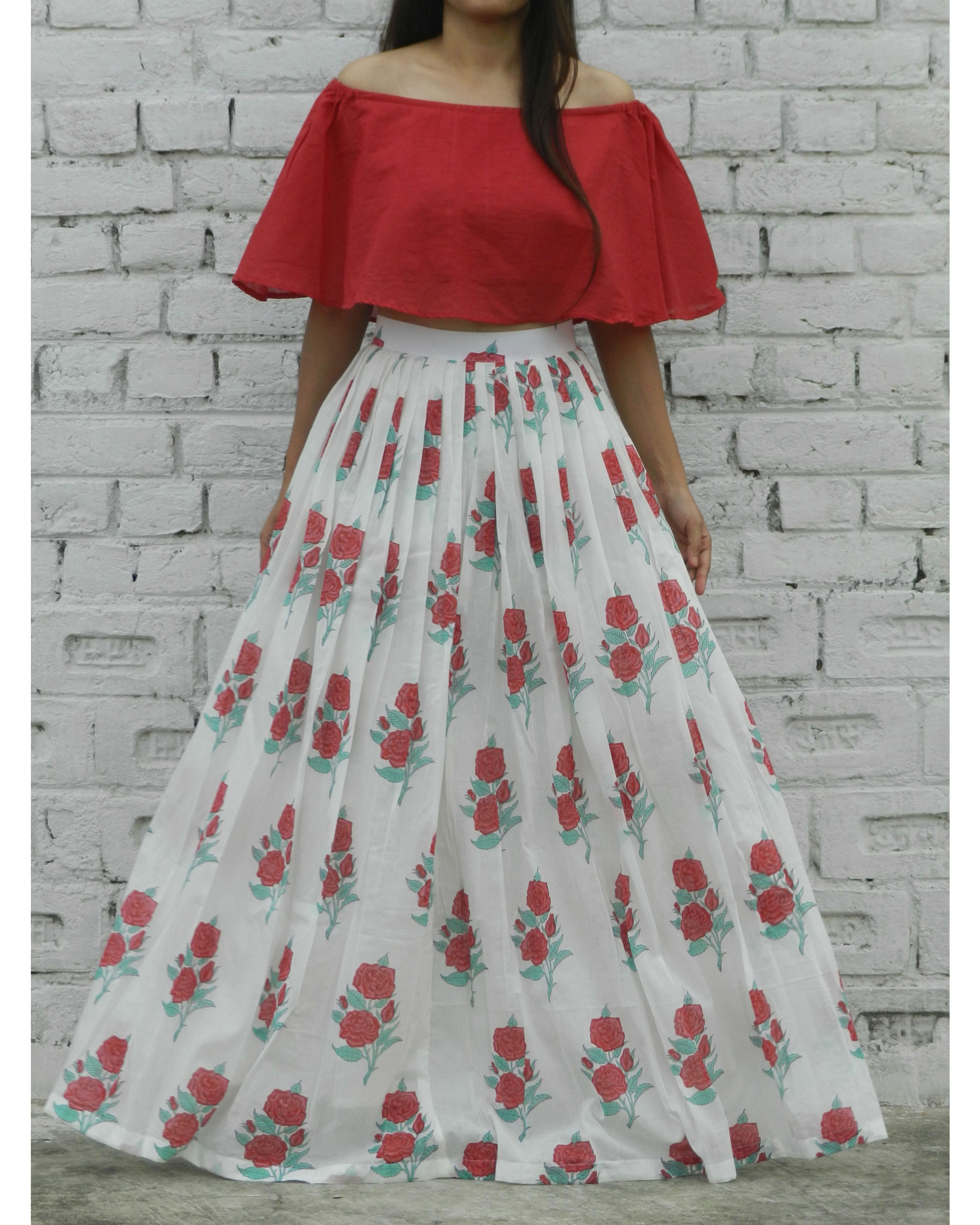 Red off shoulder crop top and rose skirt set by Alaya