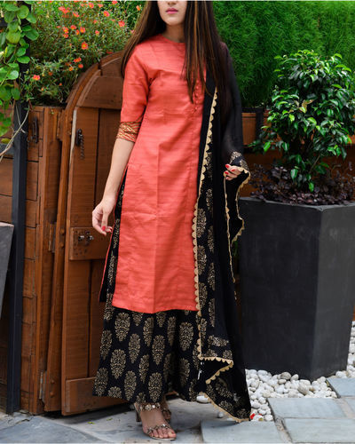 Red and black kurta palazzo and dupatta set by Keva | The Secret Label