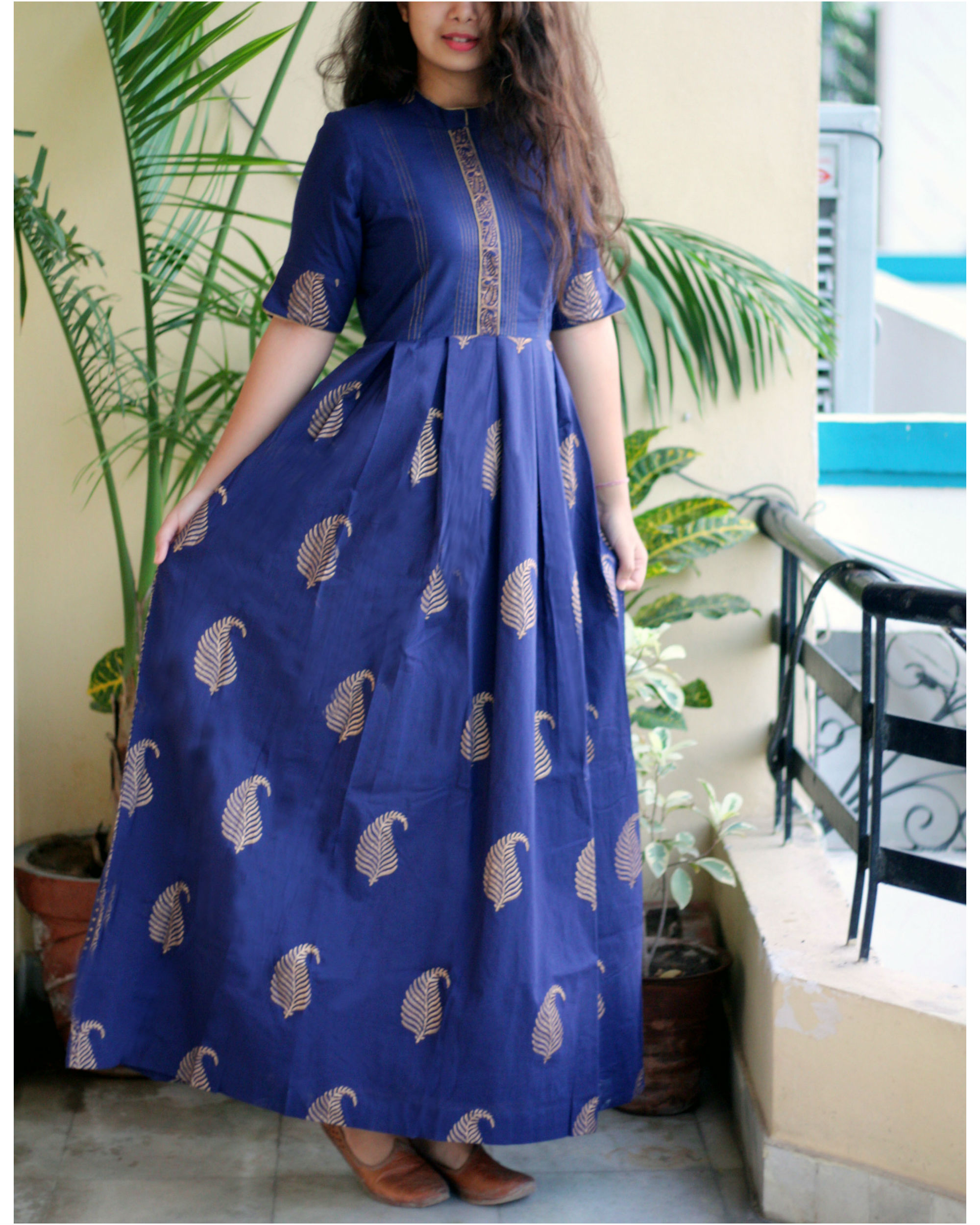 Blue leaf print maxi dress by Label Shivani Vyas | The Secret Label