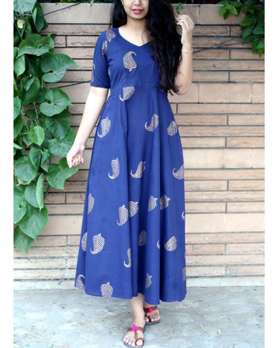 Navy blue ankle length gold leaf maxi dress by Label Shivani Vyas | The ...