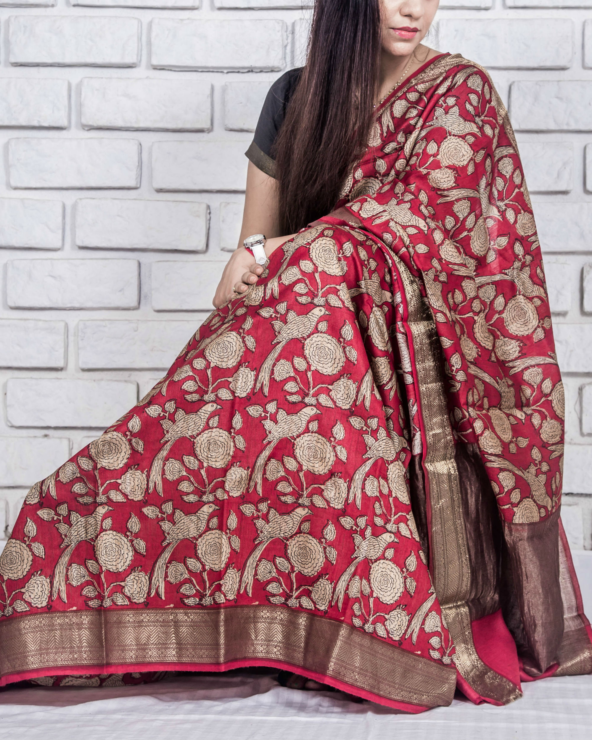 Carmine Red Drape Sari By Aishwarya Creations The Secret Label