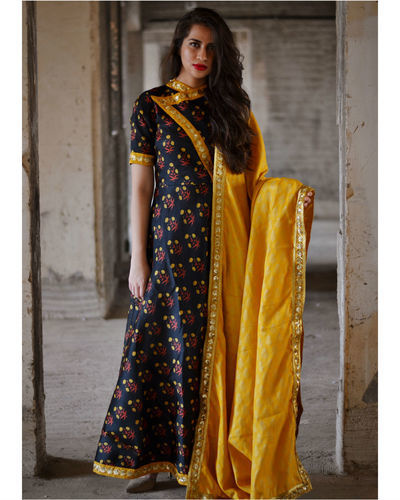 black dress with yellow dupatta