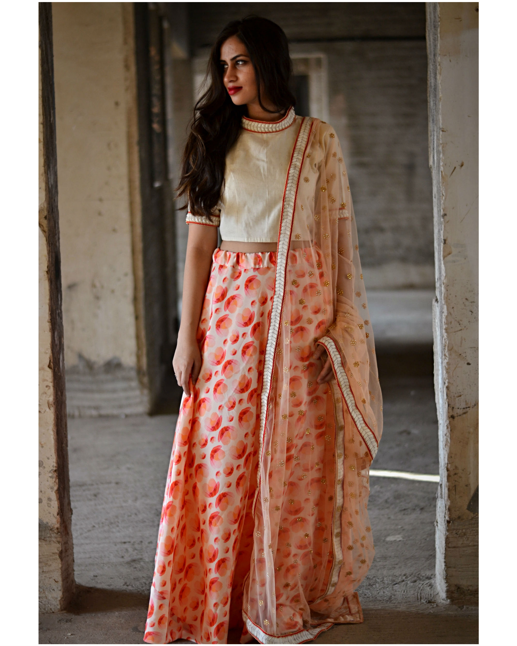 Beige And Orange Ghagra Set With Dupatta By Tie And Dye Tale The Secret Label 