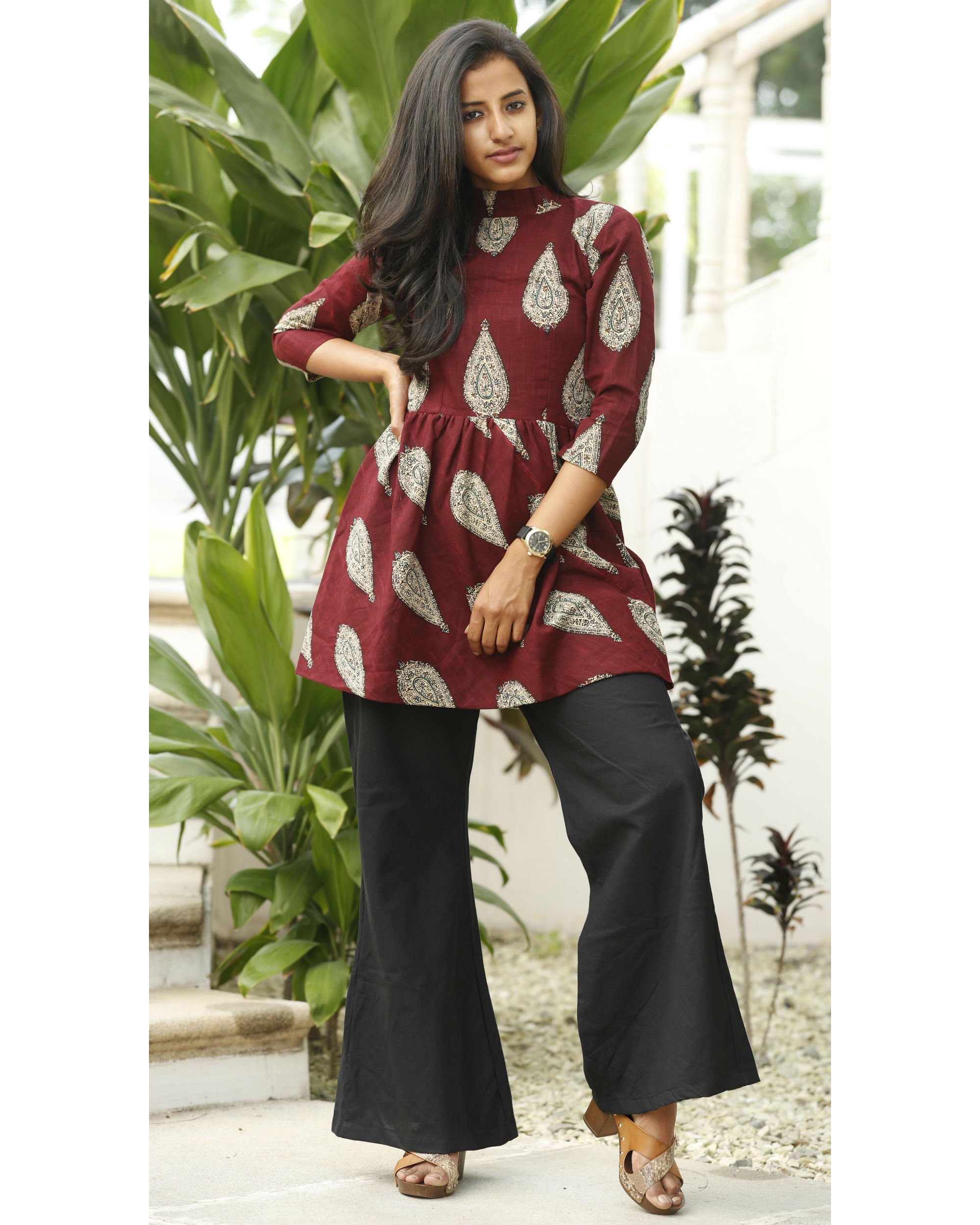 Maroon flared top with a-line palazzo by Desi Doree
