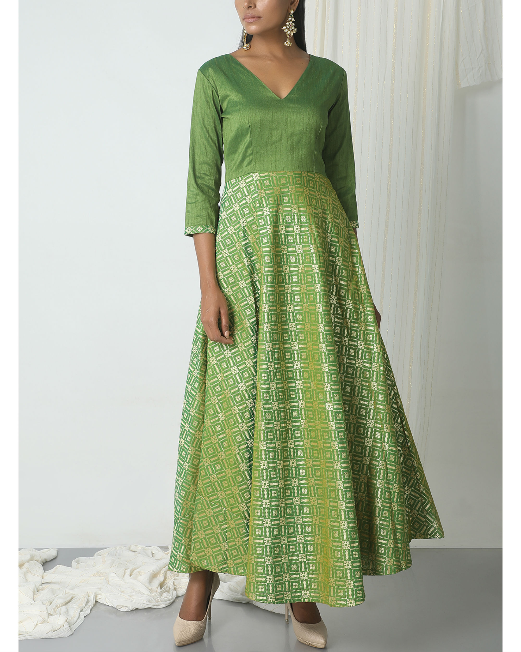Green grid brocade dress by trueBrowns ...