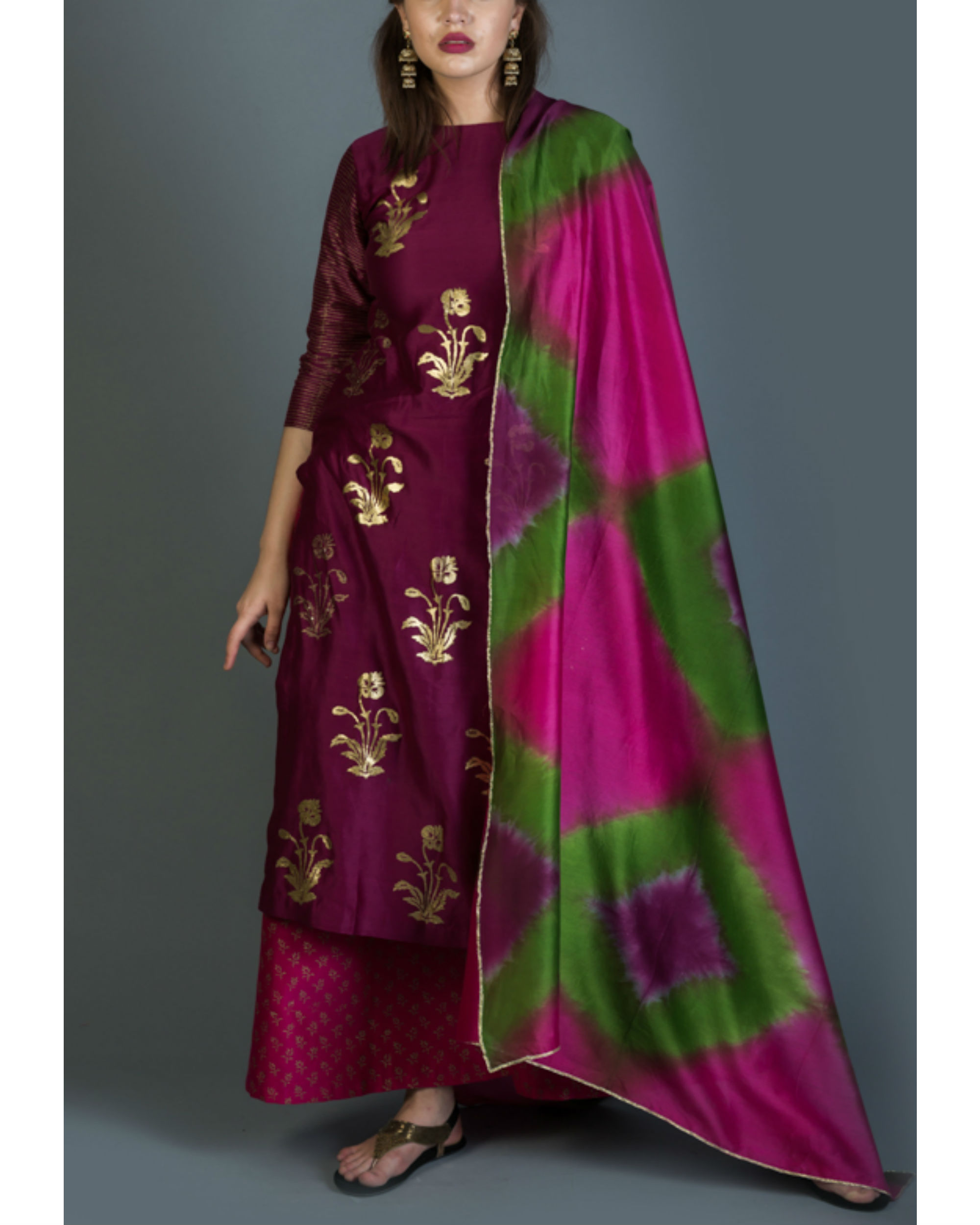 Rangoli kurta set with pink green dupatta by Purple Panchi | The Secret ...
