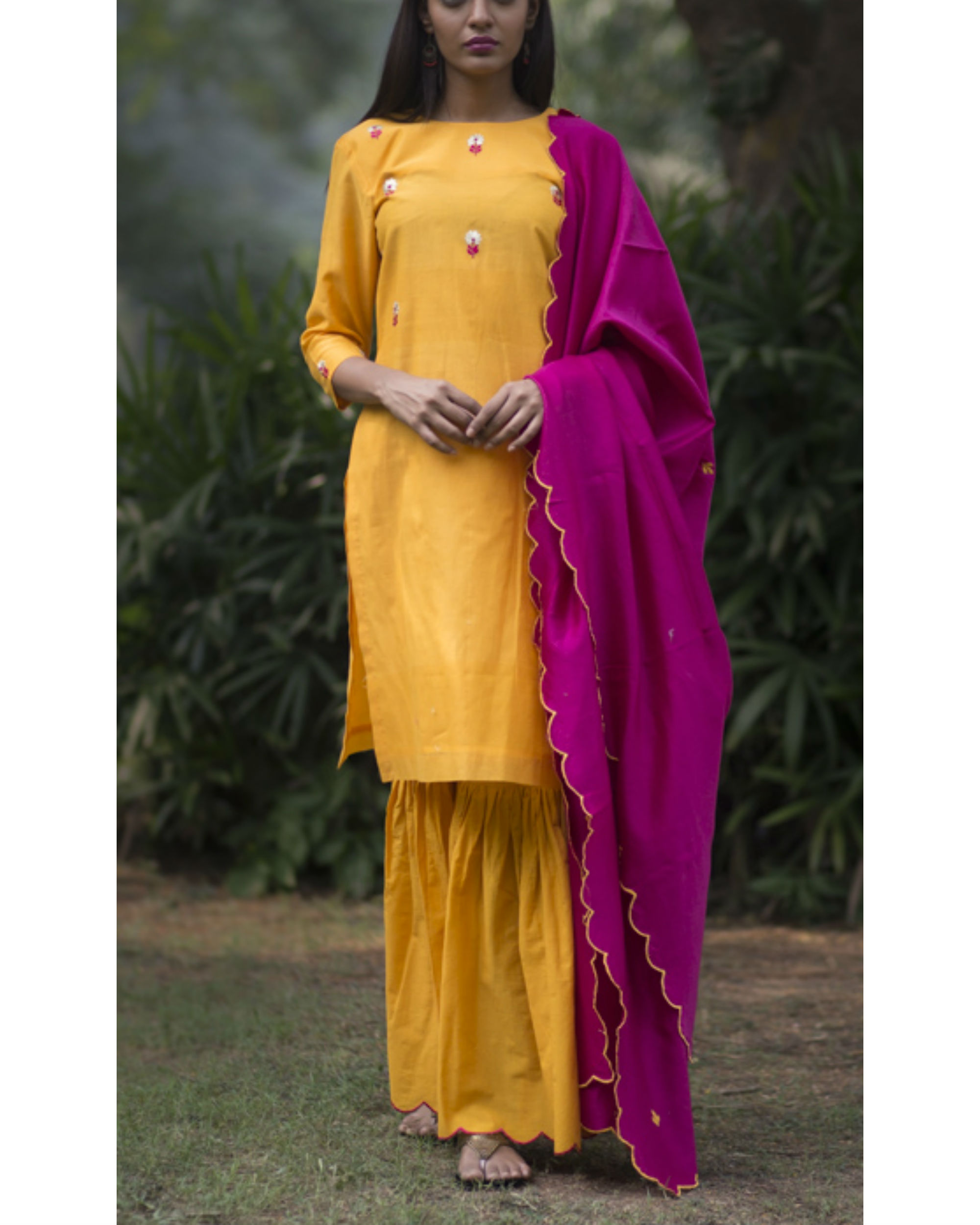 Kesari phool kurta sharara set with embroidered dupatta by Purple