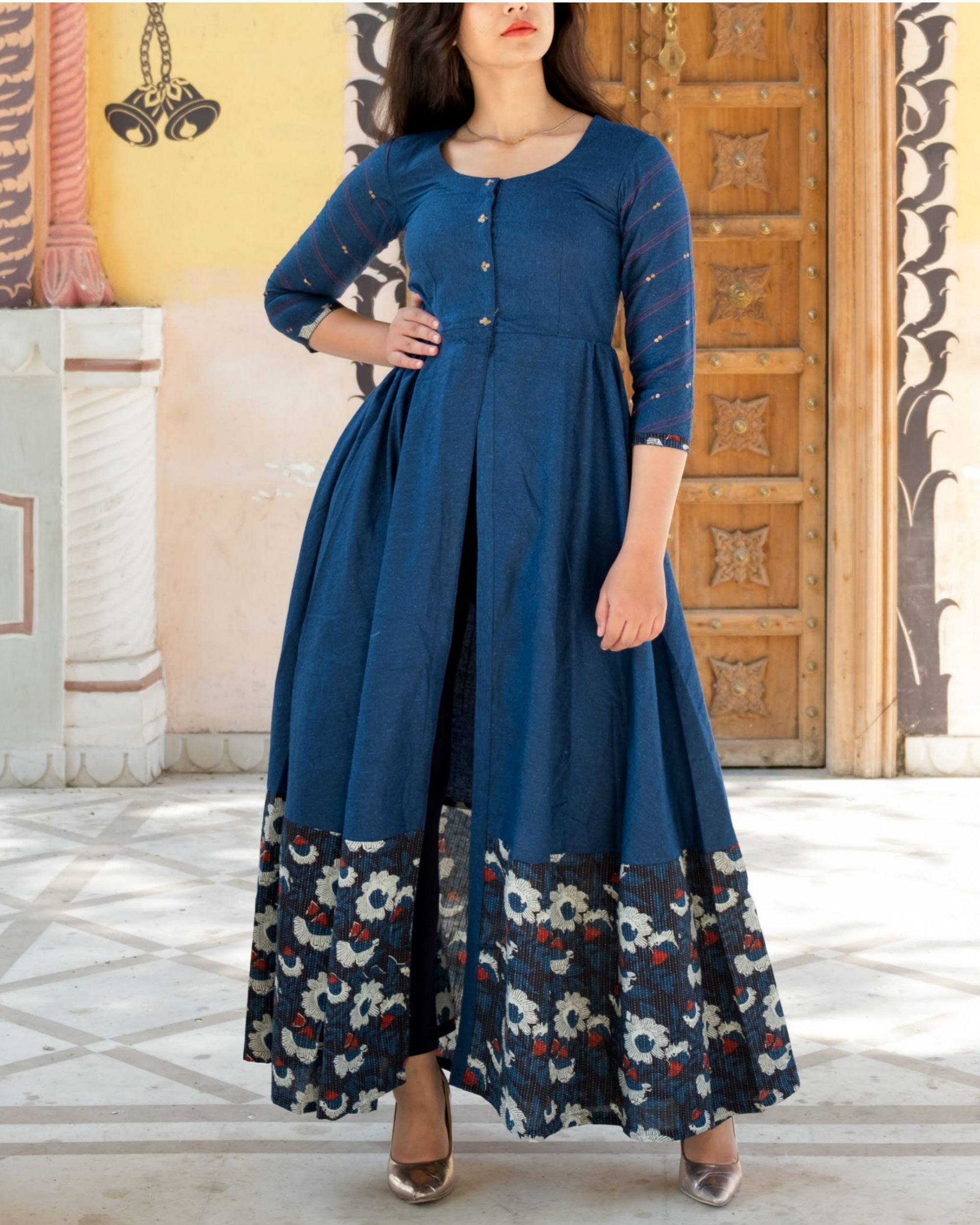 Buy Blue Front Slit Block Printed Cotton Dress | Bestseller – Chidiyaa