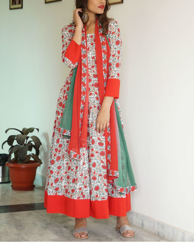 Red border maxi with dupatta by Rivaaj | The Secret Label