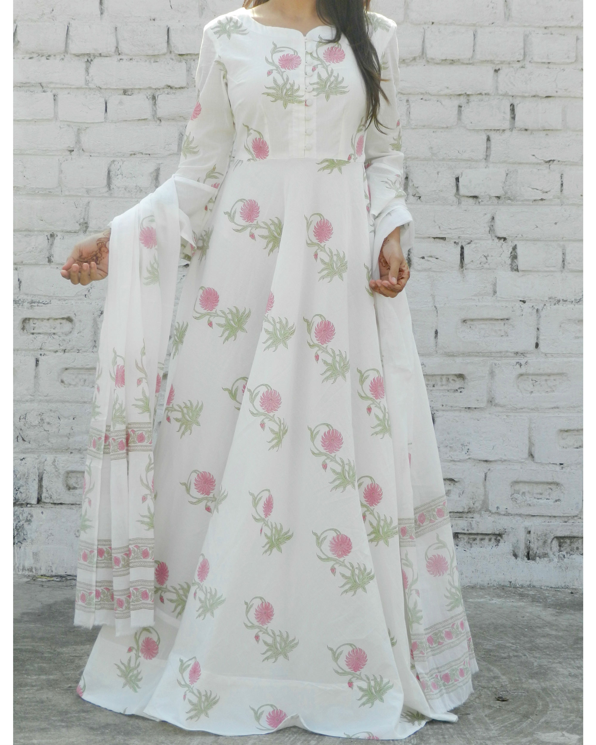GreyGreen Floral Printed Pure Cotton Anarkali Suit