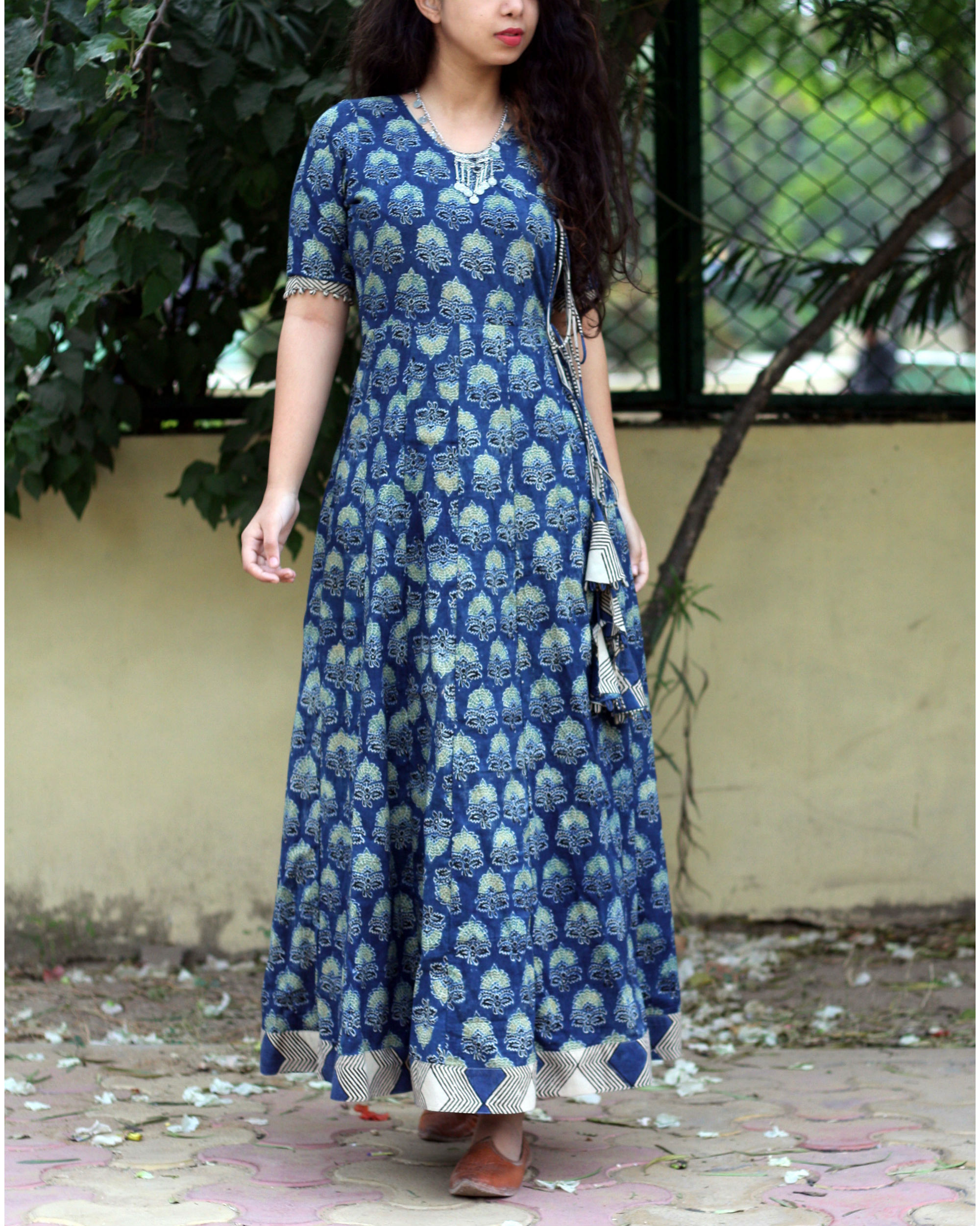 Indigo ajrakh print angrakha dress by Label Shivani Vyas | The Secret Label