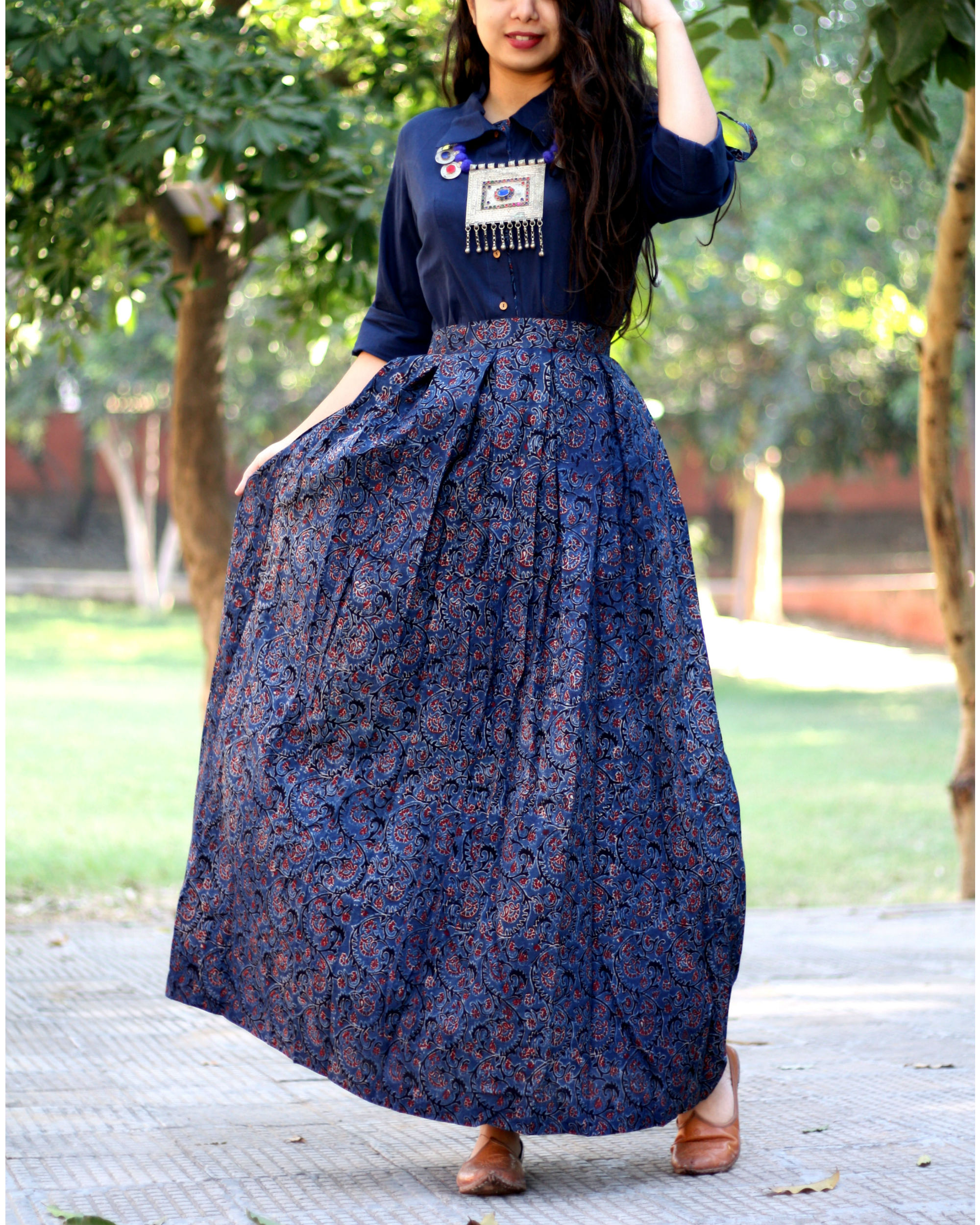 Navy blue shirt with jaal ajrakh print skirt by Label Shivani Vyas ...