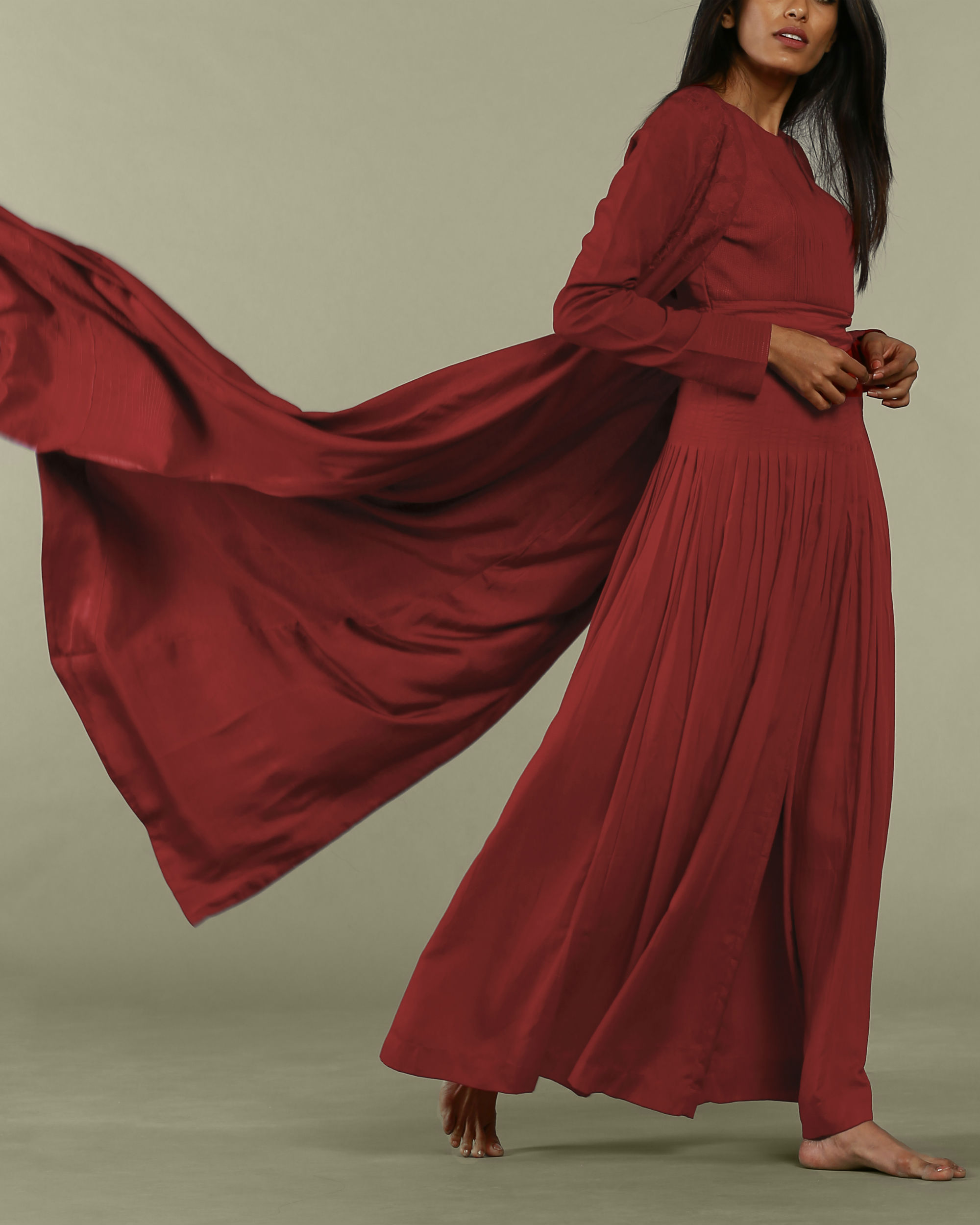 Red satin long overcoat by Mantra | The Secret Label