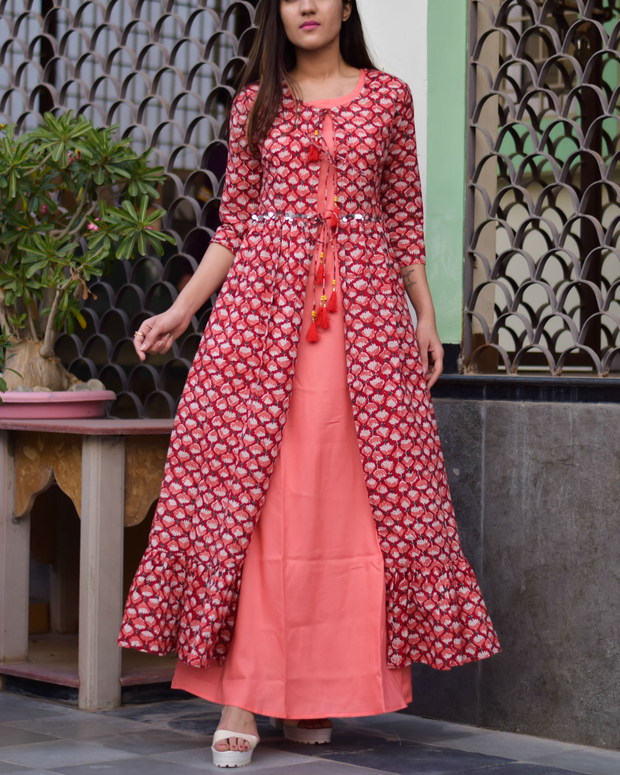 Red and peach double layered dress by Keva