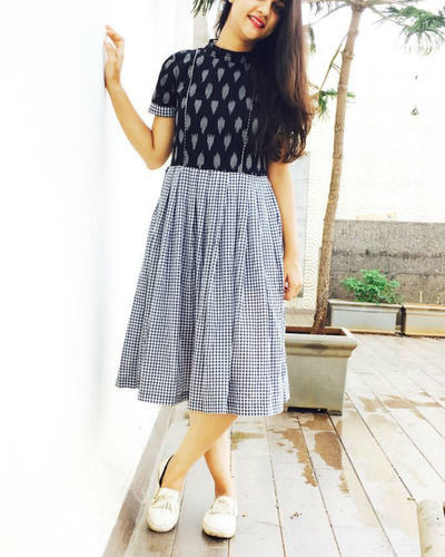 Pink and yellow checks cotton dress by Threeness