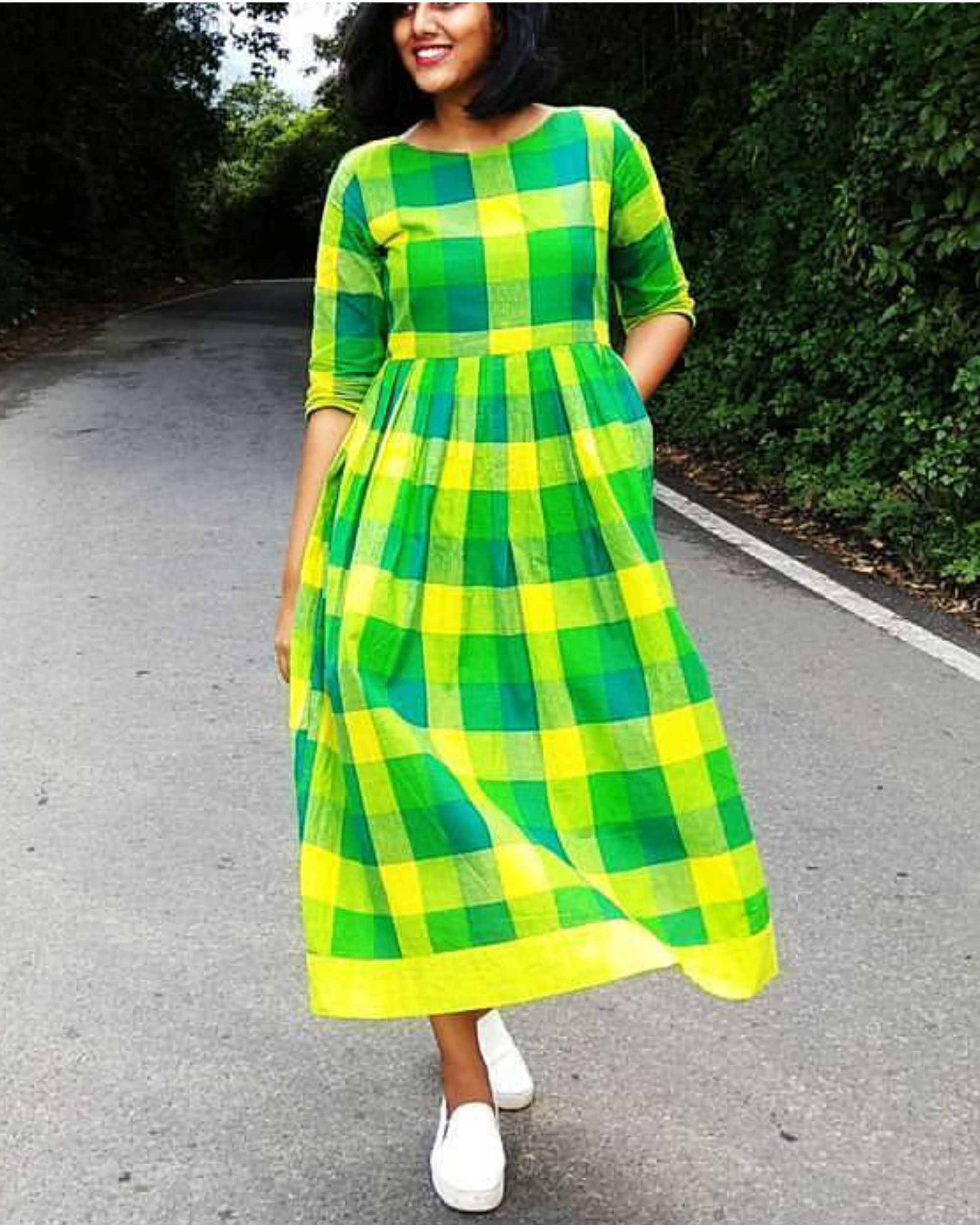Green and yellow checks cotton dress by ...