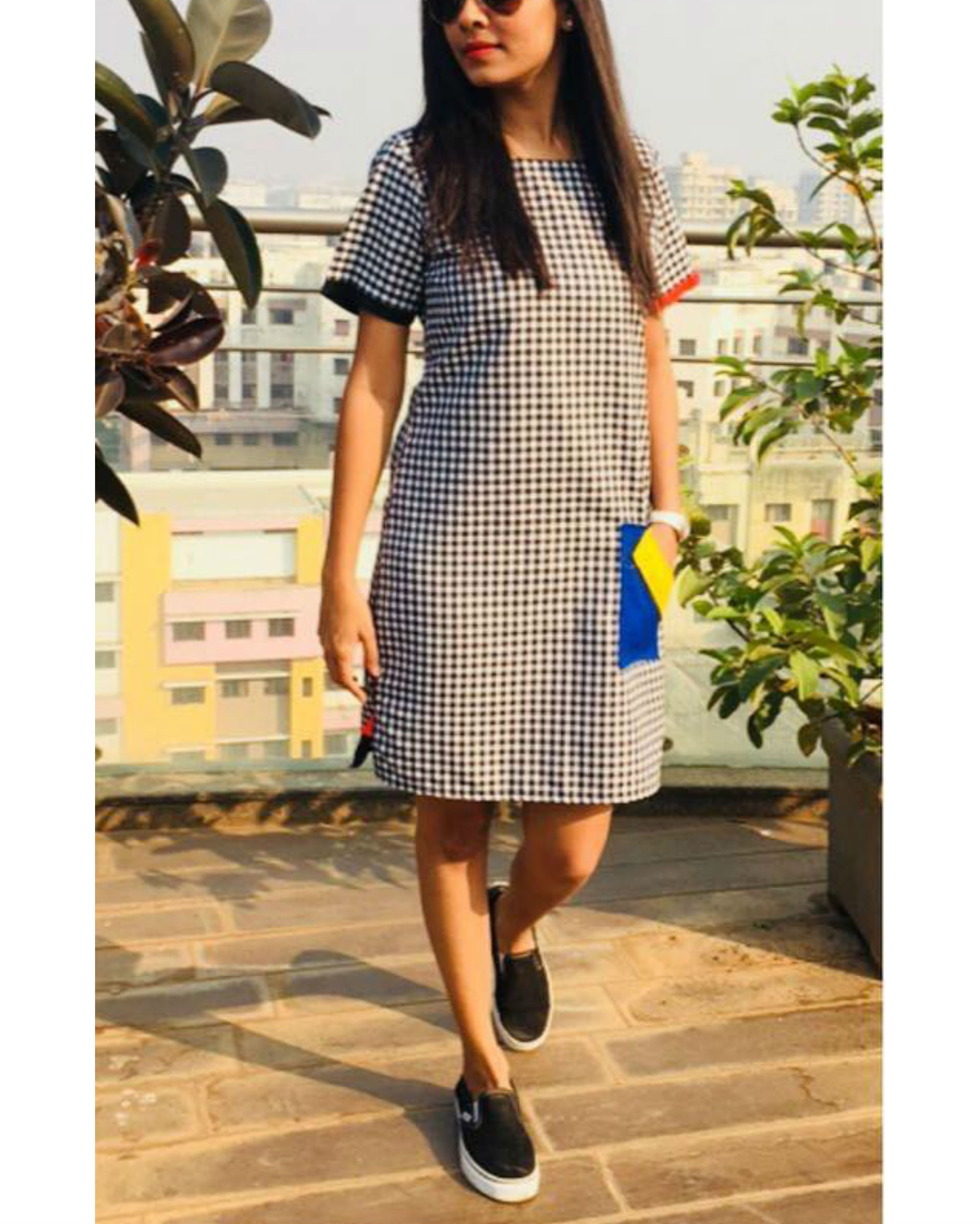 Black and white checks dress with color-pop pocket by Threeness | The ...