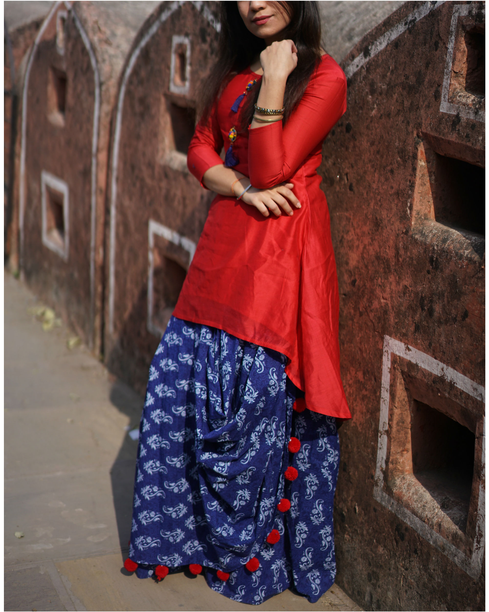 Blue drape skirt with chanderi kurta by Suramya | The Secret Label