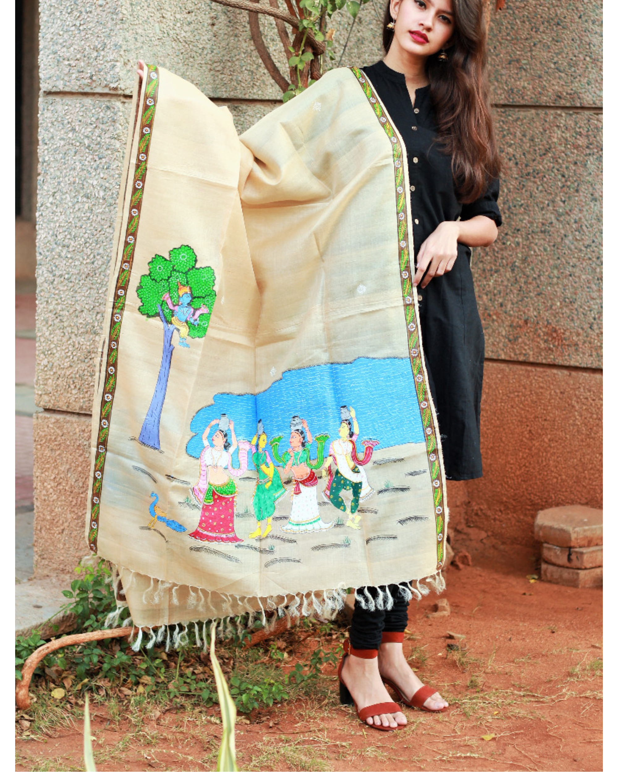 Pattachitra hand painted dupatta by Arts of India | The Secret Label