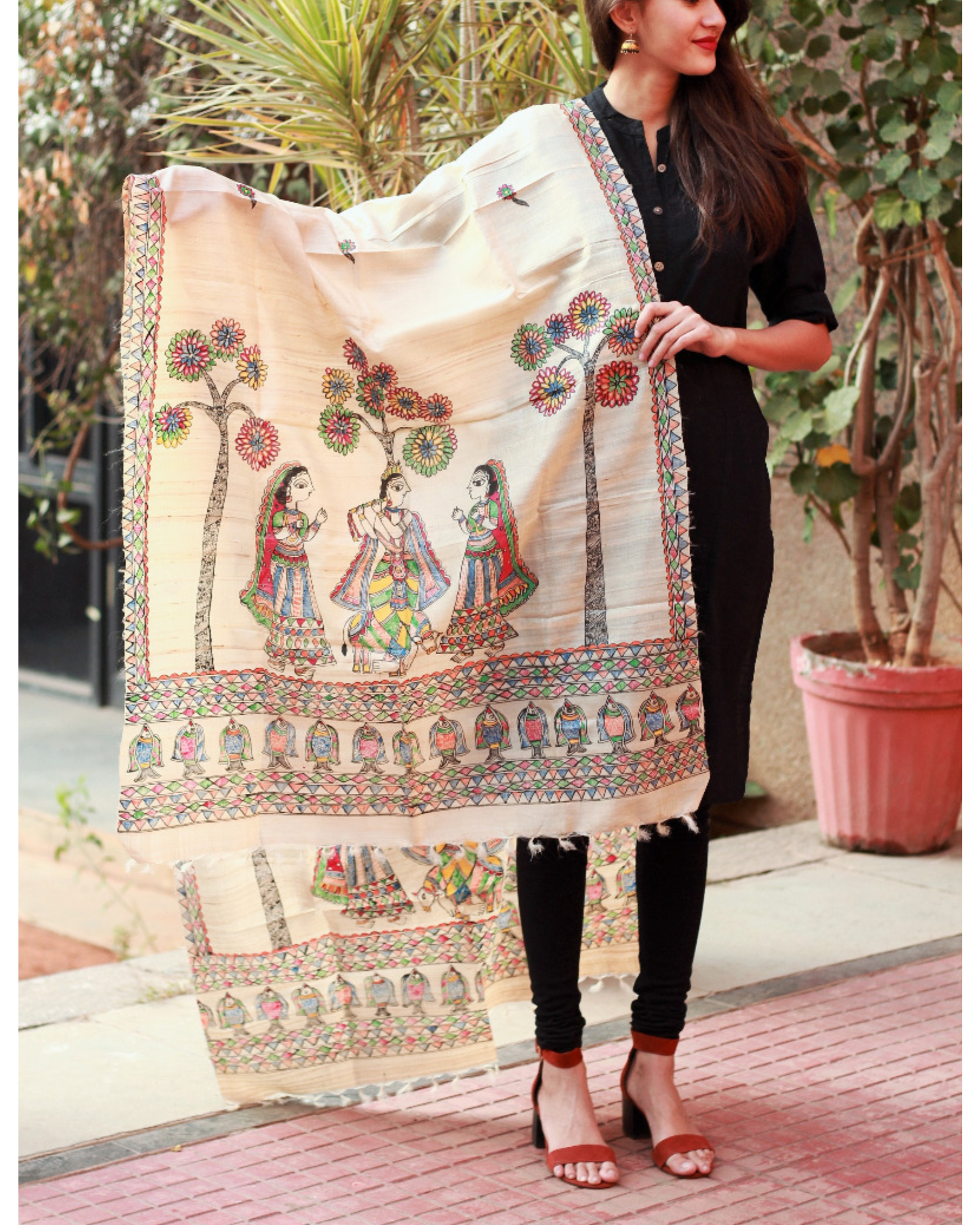 Madhubani Krishna gopi dupatta by Arts of India | The Secret Label