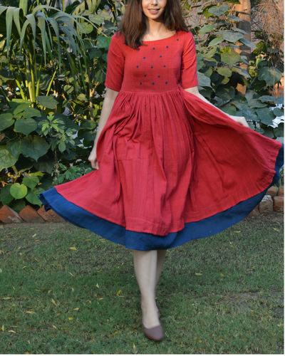 Red Indigo Layer Frock With Polka Applique By Silai The Secret Label 