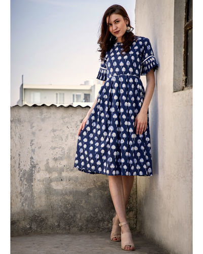Blue mogra box pleated dress by Desi Doree | The Secret Label
