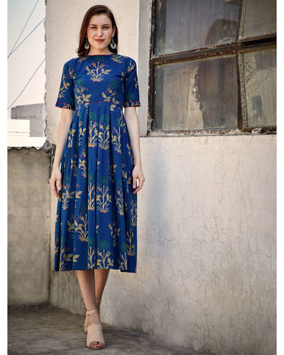 Blue printed flared dress by Desi Doree | The Secret Label