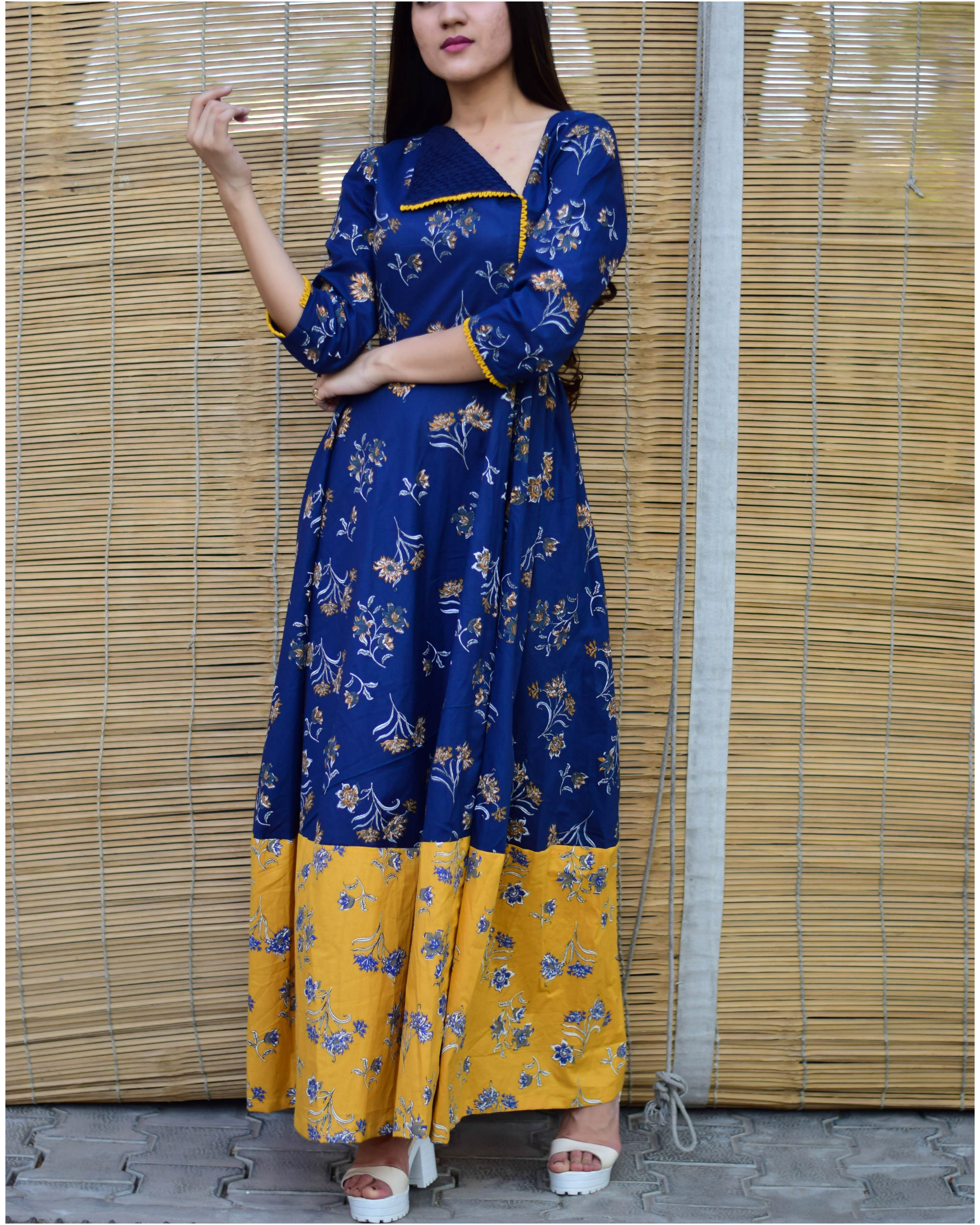 Blue yellow block printed long dress by Siddhi Creation | The Secret Label