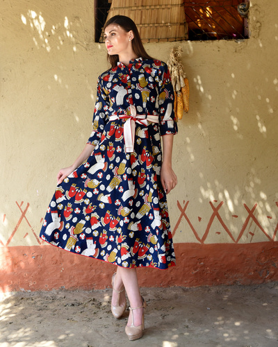 Navy blue kalamkari flared midi by Desi Doree | The Secret Label