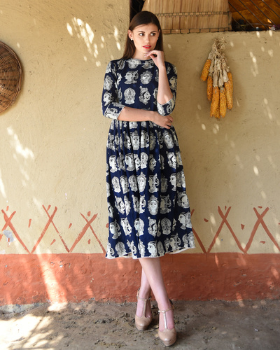 Navy blue knife pleated kalamkari dress by Desi Doree | The Secret Label