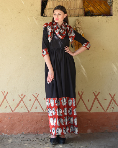 Black gathered dress with kalamkari border by Desi Doree | The Secret Label