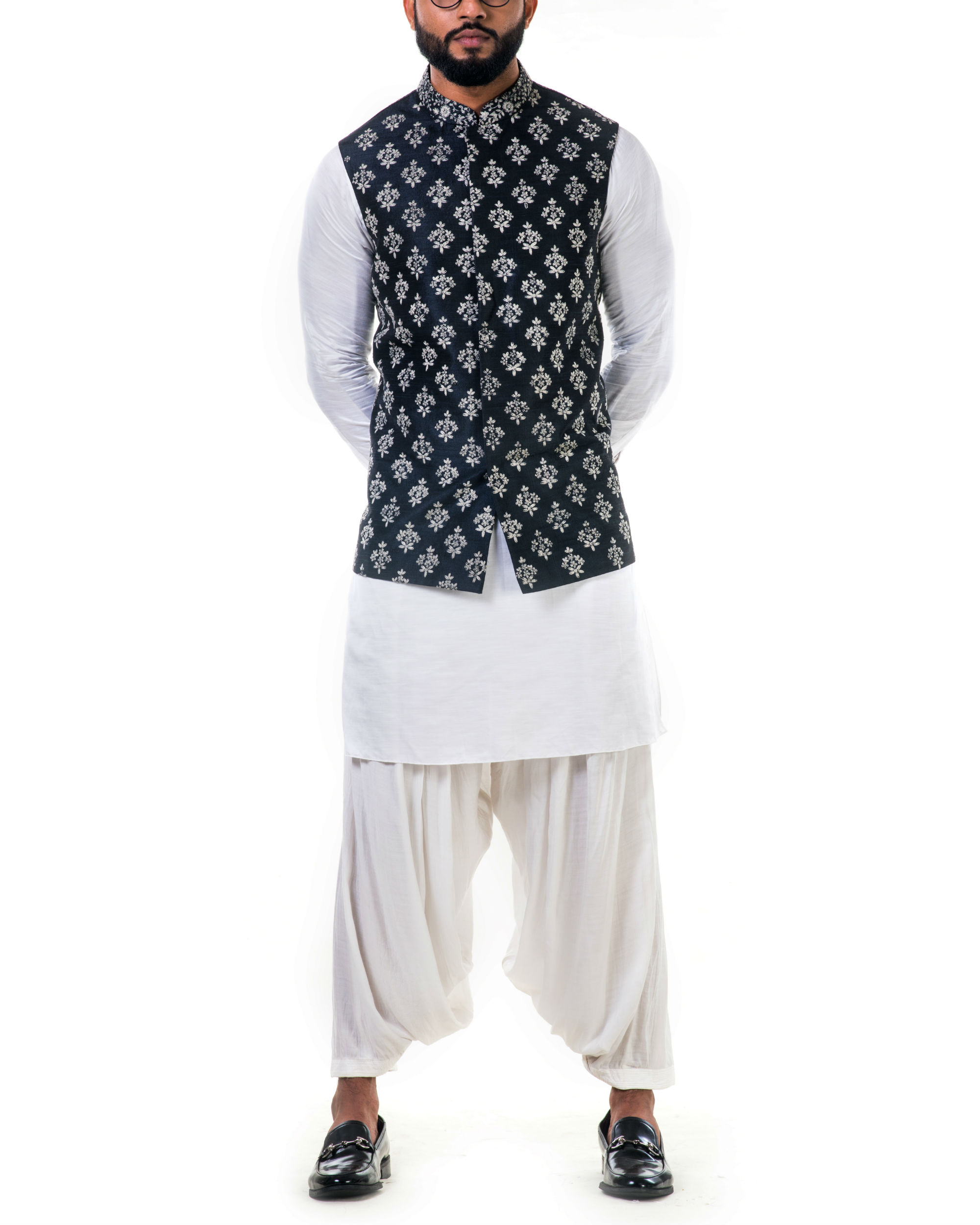 white kurta pajama with floral jacket