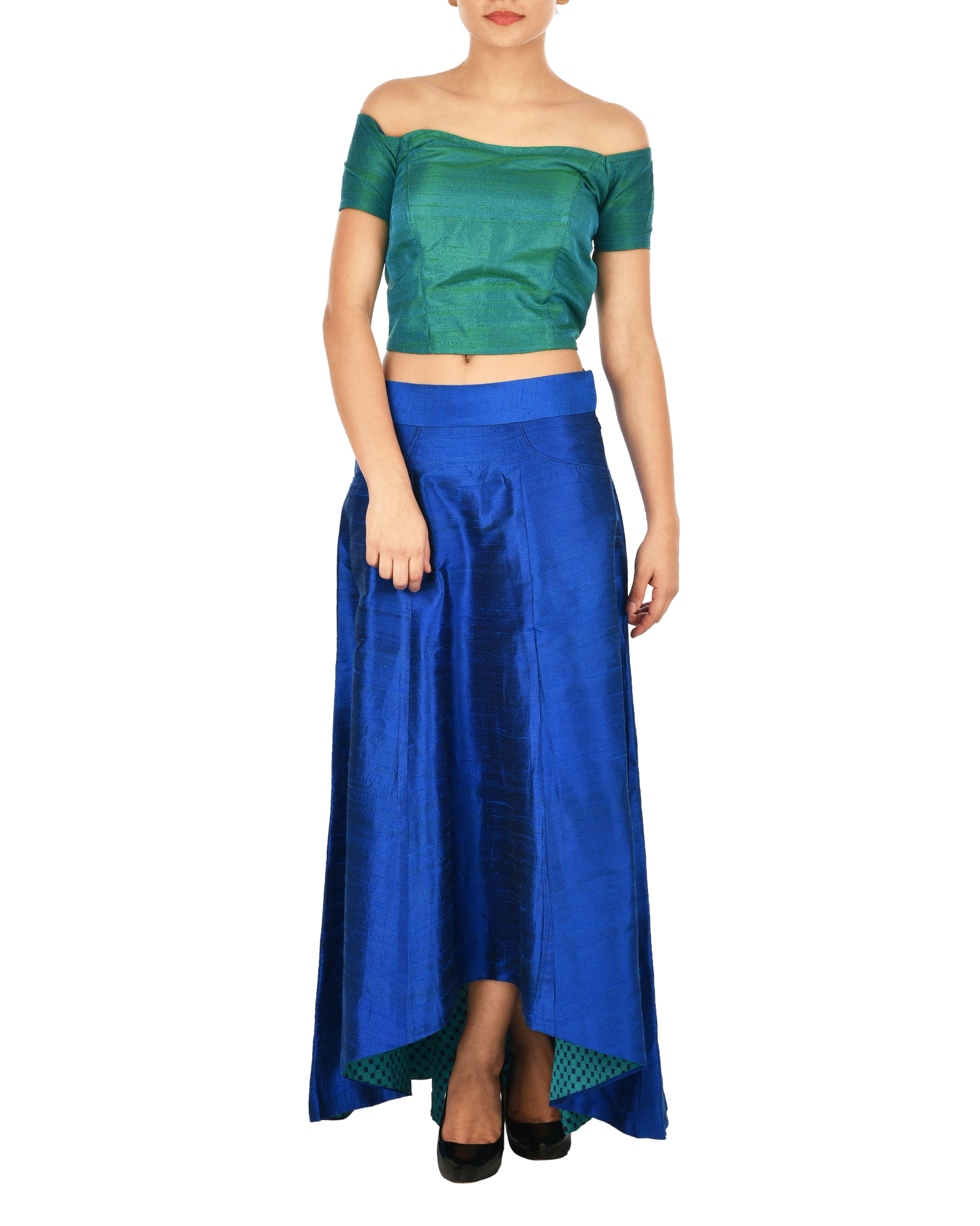 blue skirt green top