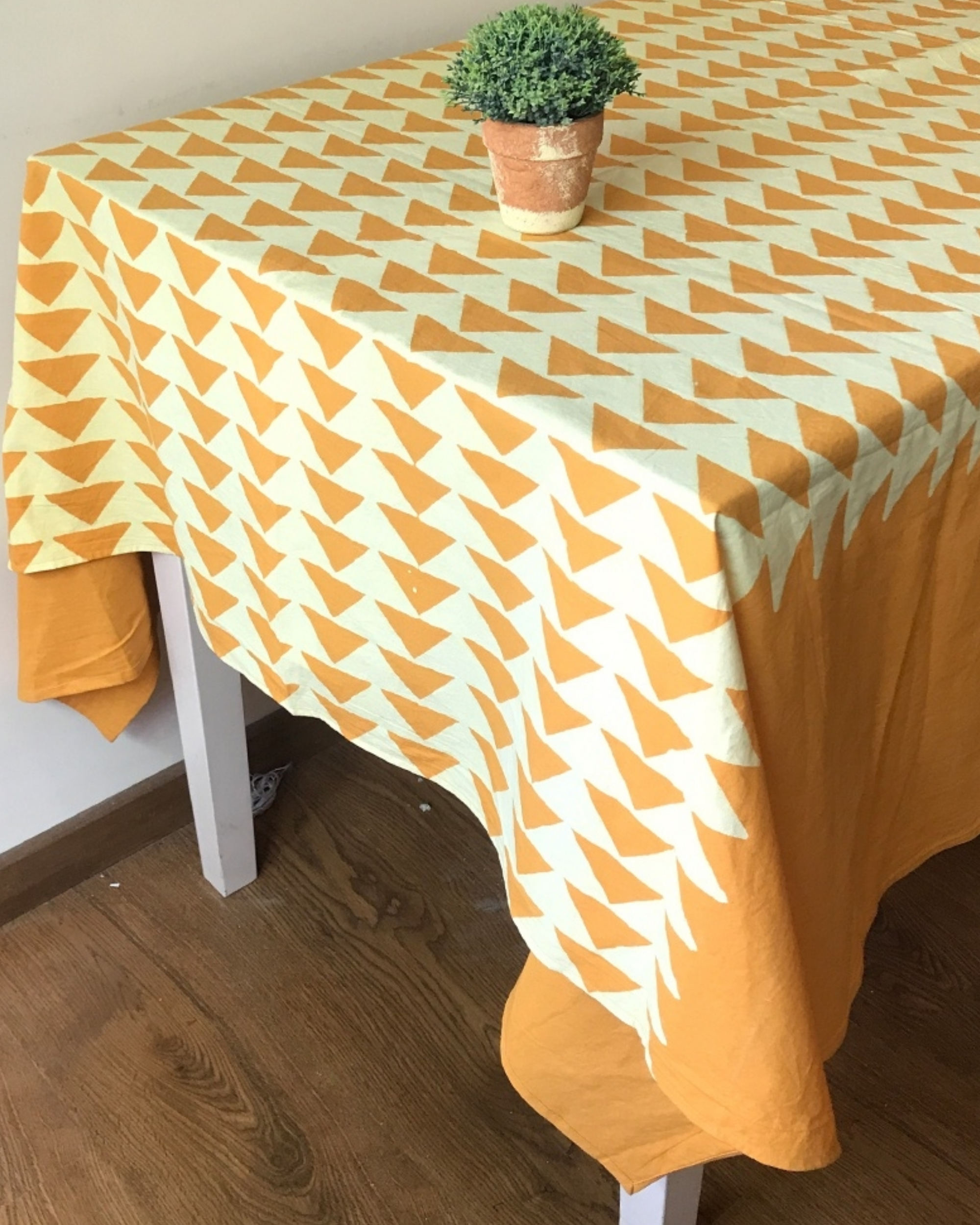 Yellow triangles hand block printed table cloth