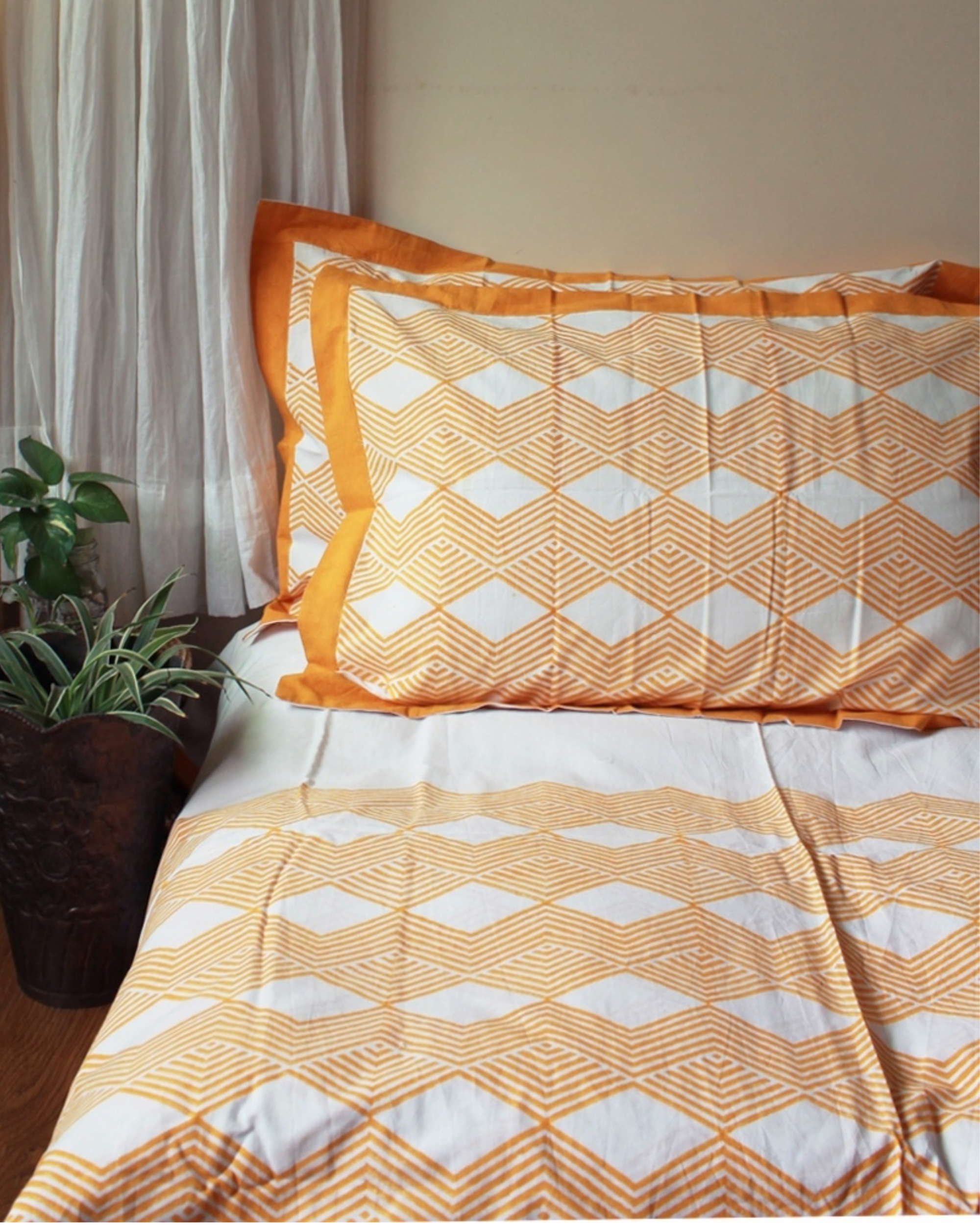 Yellow Chevron Hand Block Printed Bed Sheet With 2 Pillow Covers