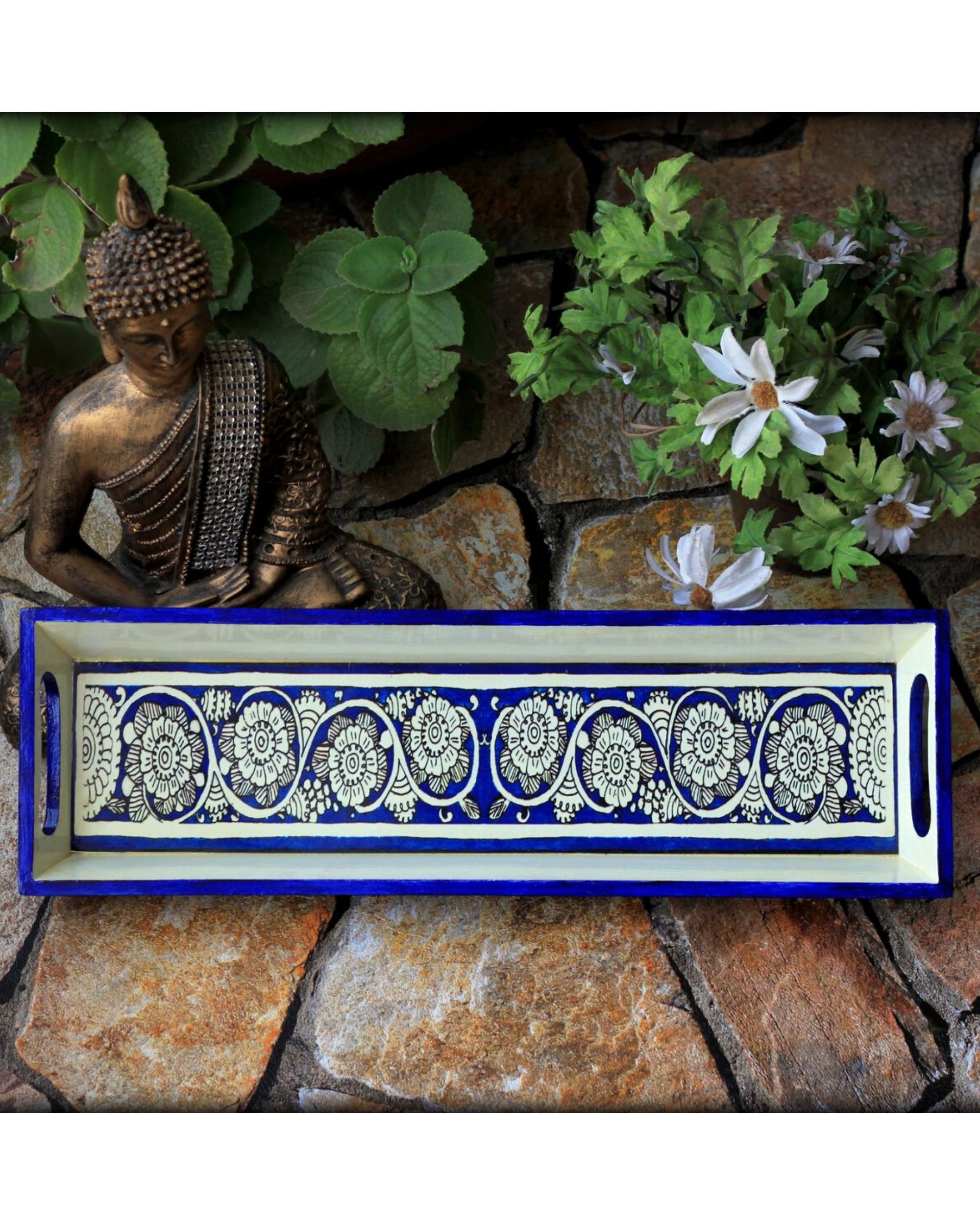 Tholu blue flower tray- Narrow by Ethniichic | The Secret ...