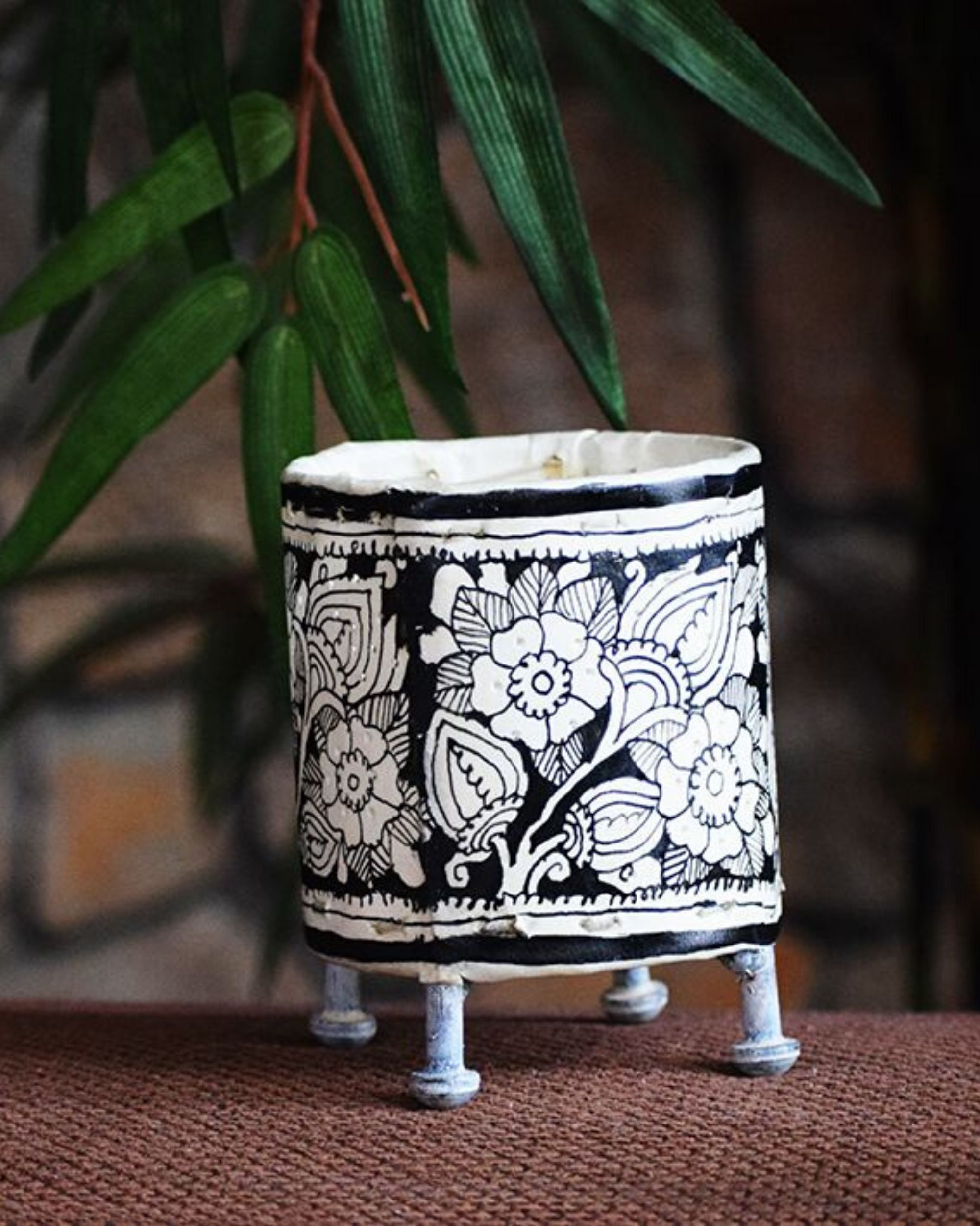 White and black floral hand painted votive stand
