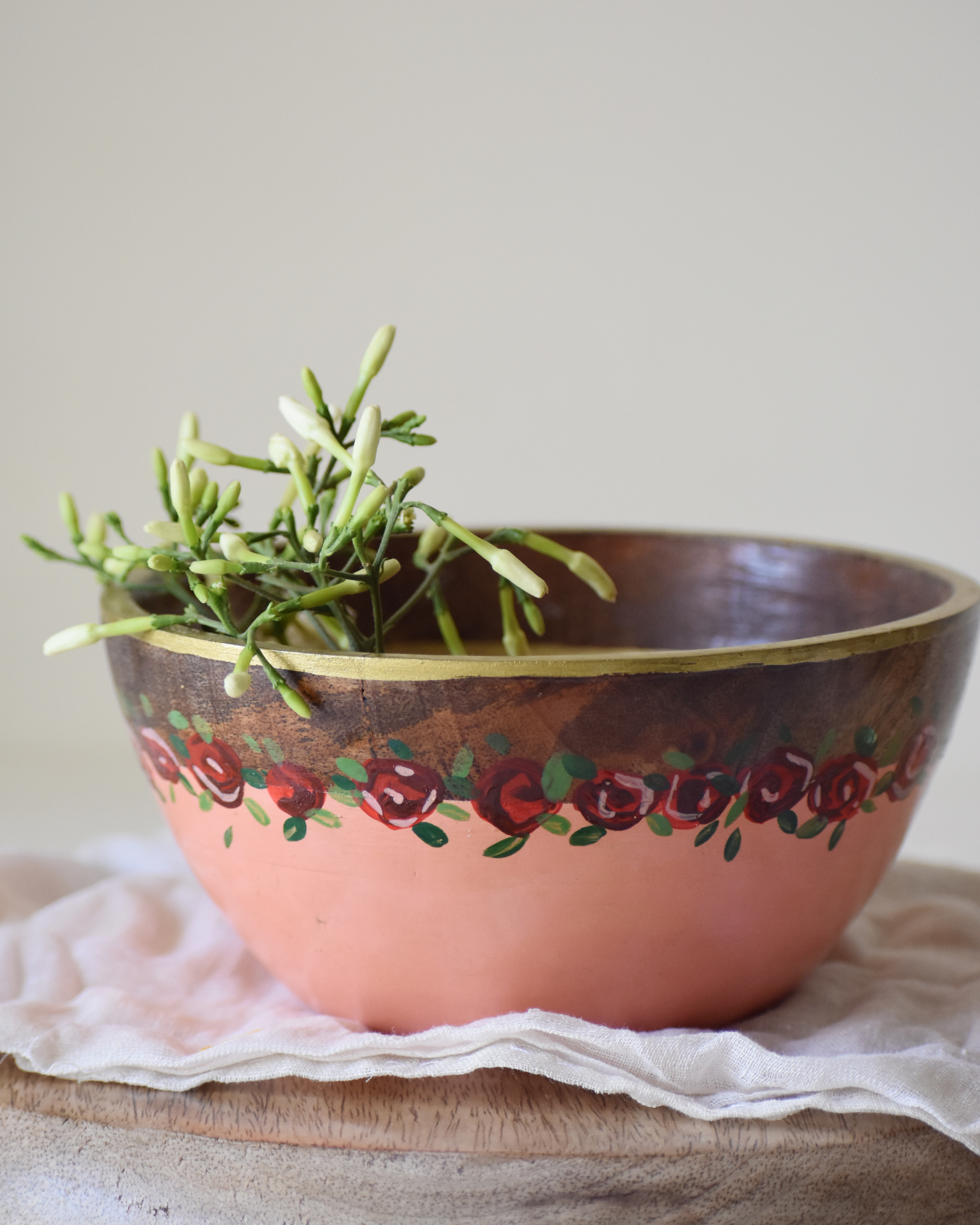 Peach hand painted mango wood serving bowl by Tangy Tinge The Secret