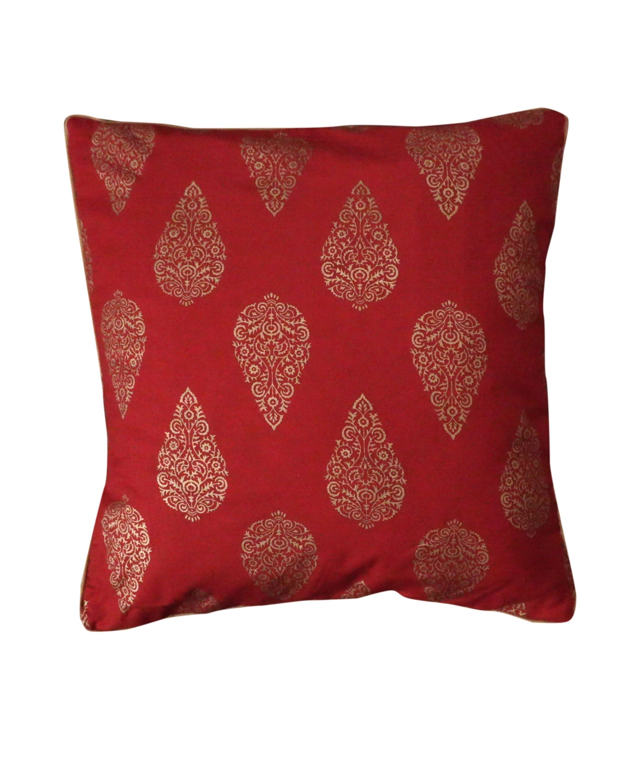 Red and gold printed cotton cushion covers Set Of Two by Soulfully